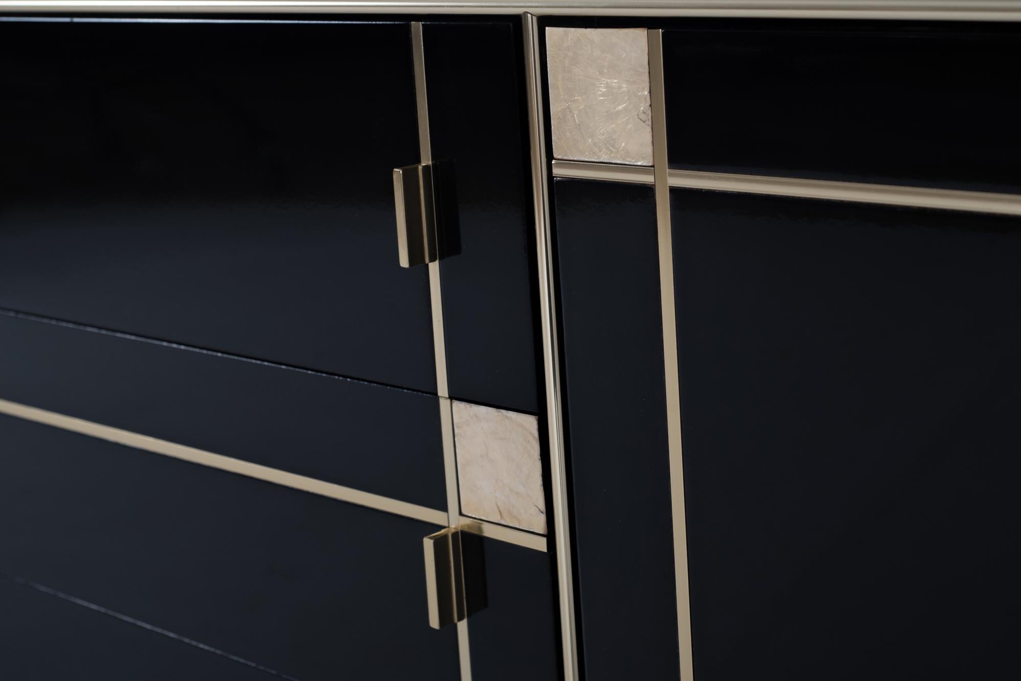 Pierre Cardin Black Lacquered Sideboard with Brass Details, 1980s 3