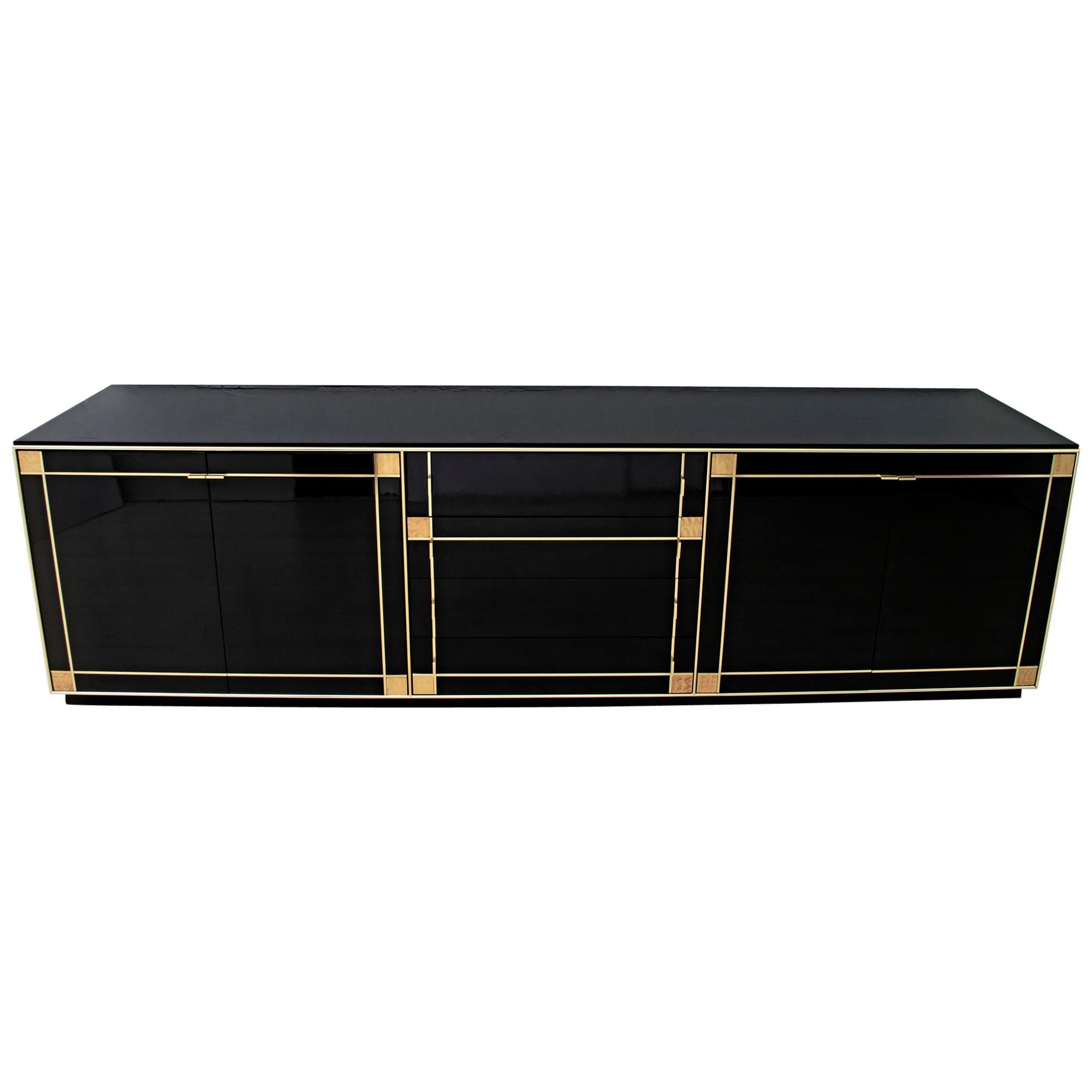 Pierre Cardin Black Lacquered Sideboard with Brass Details, 1980s