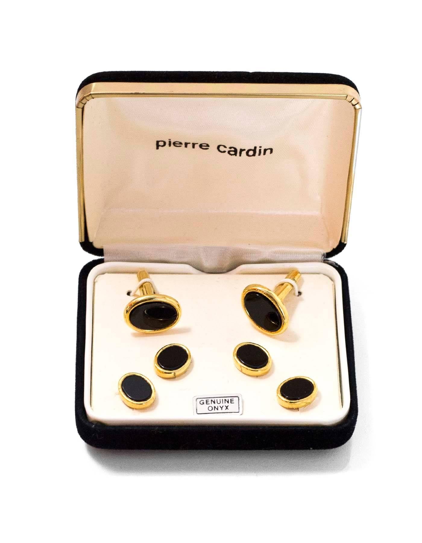 Pierre Cardin Black Onyx & Goldtone Tuxedo Set with Case In Excellent Condition In New York, NY