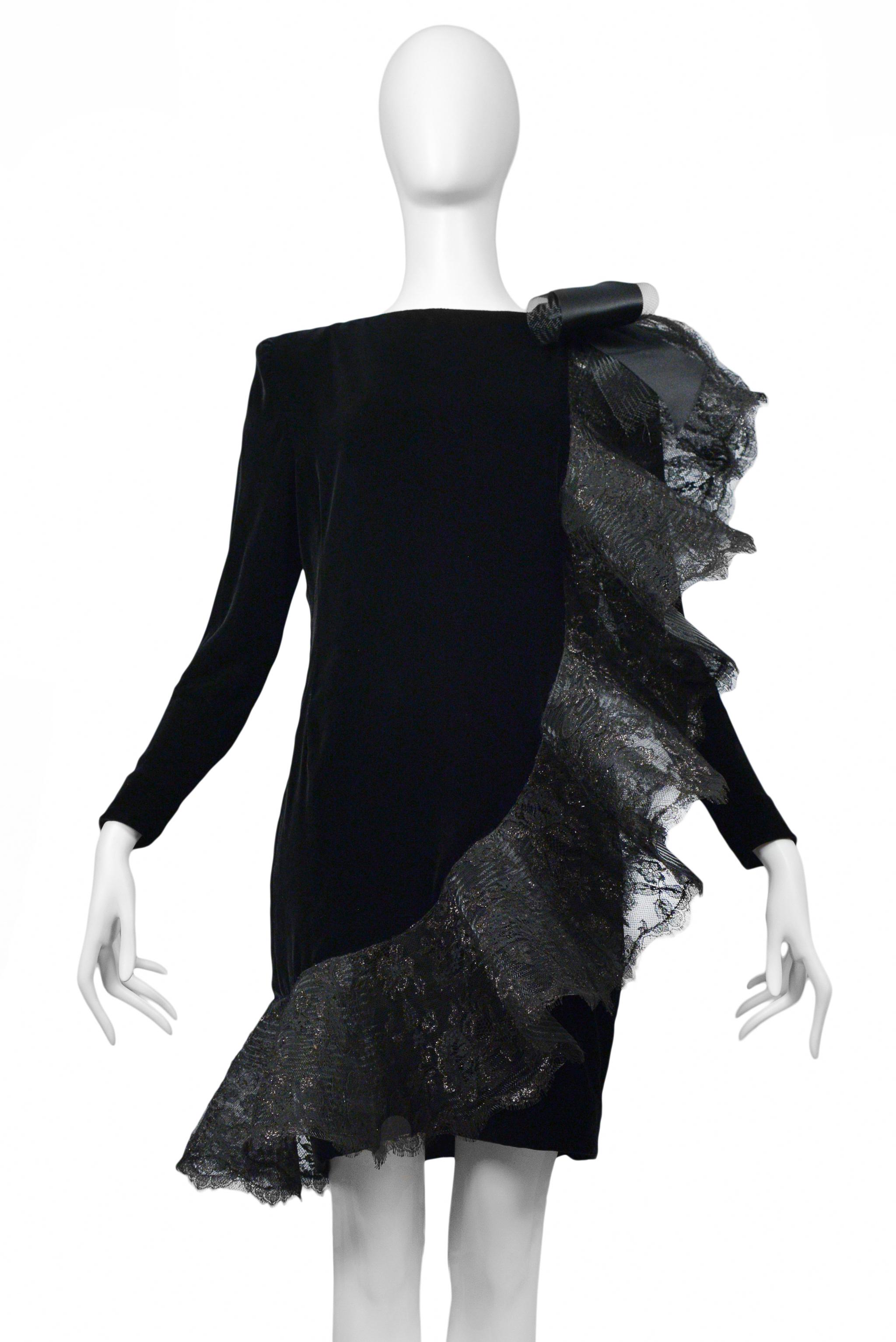 Pierre Cardin Black Velvet & Lace Ruffle Dress 1980s In Excellent Condition For Sale In Los Angeles, CA