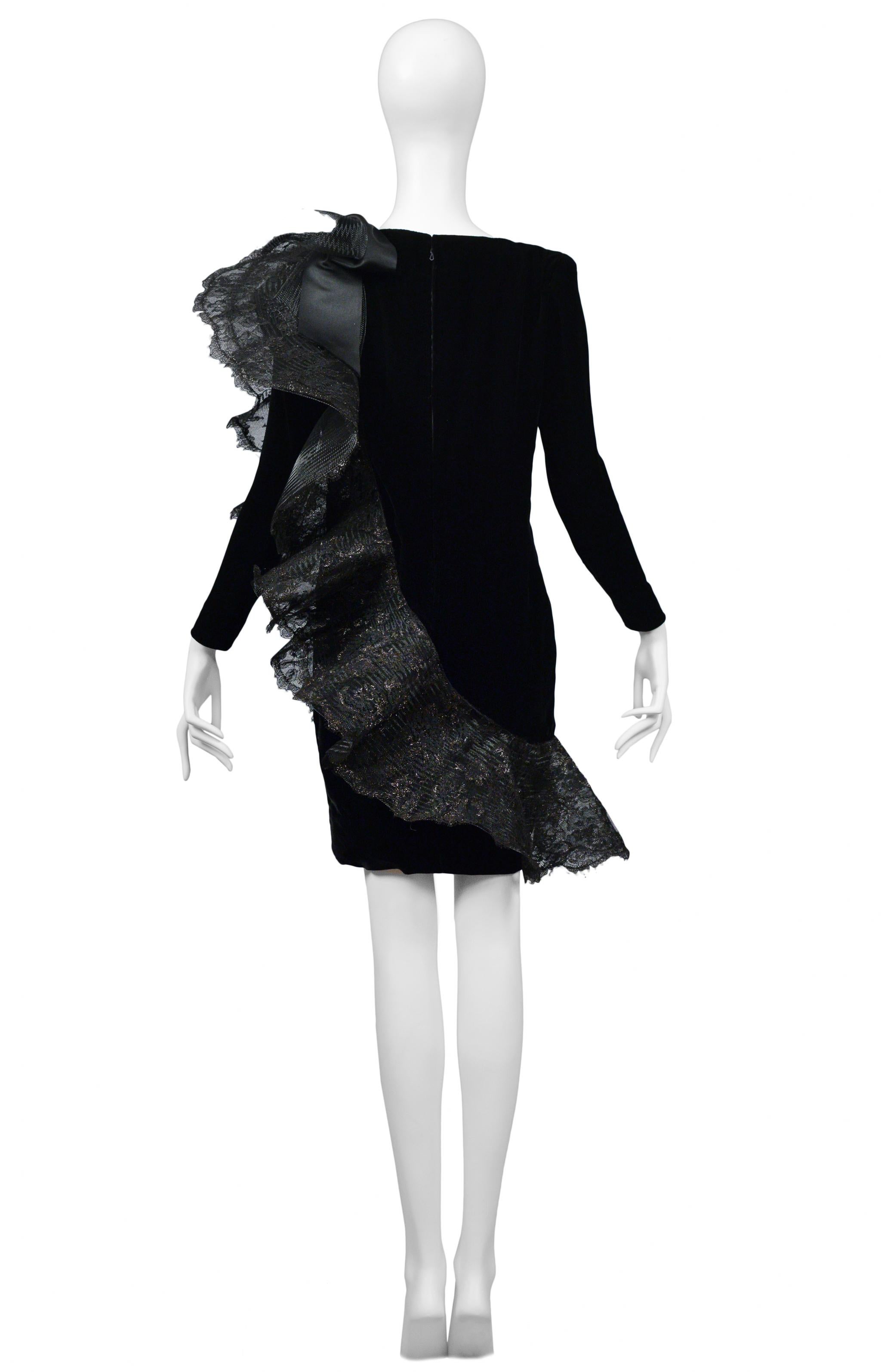Pierre Cardin Black Velvet & Lace Ruffle Dress 1980s For Sale 2