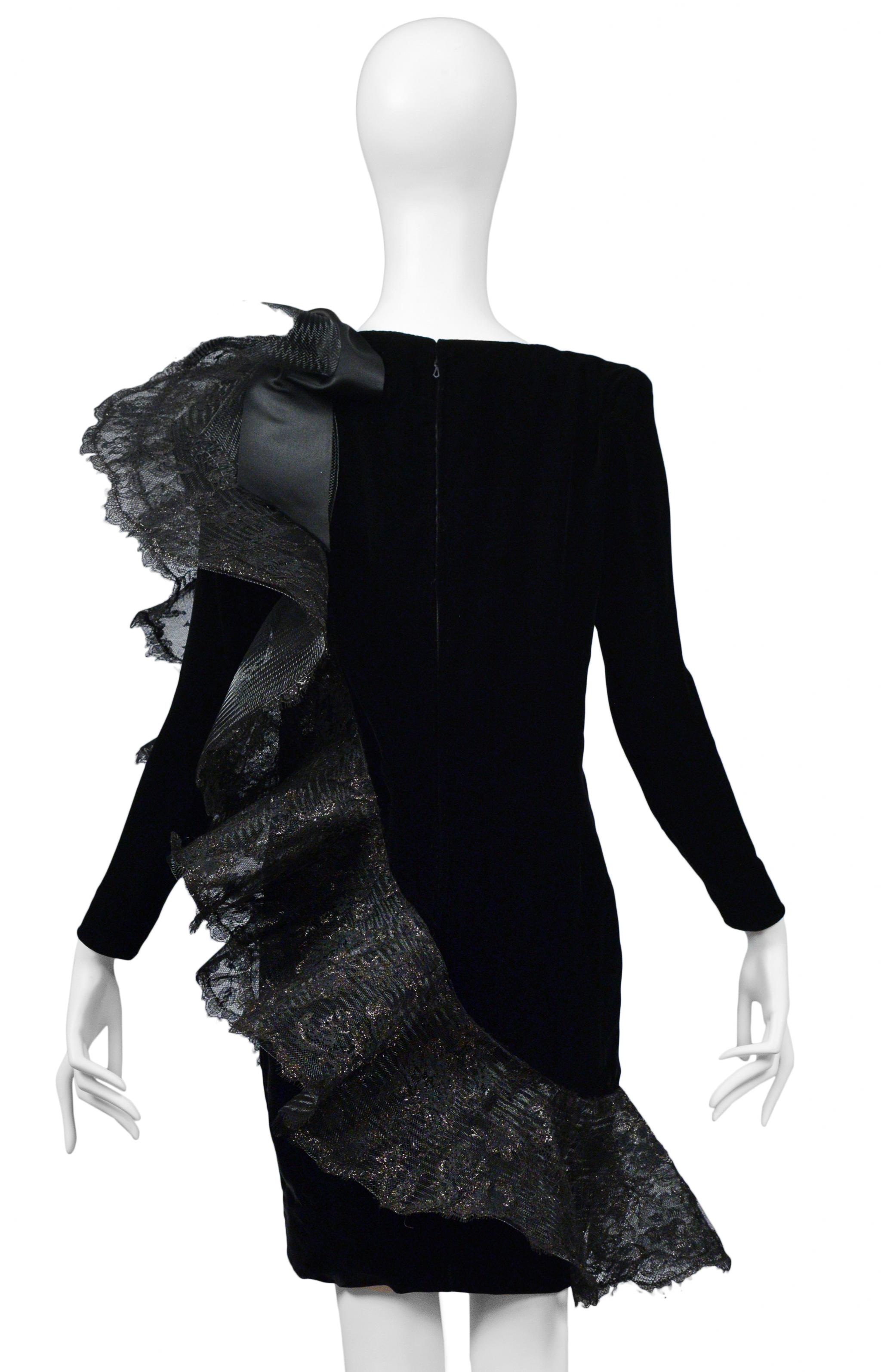 Pierre Cardin Black Velvet & Lace Ruffle Dress 1980s For Sale 3
