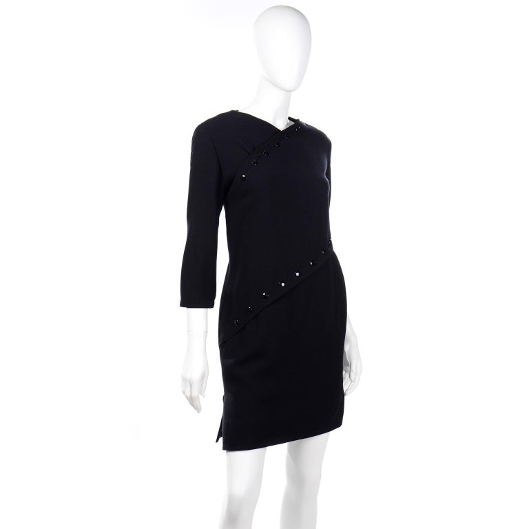 1980s Pierre Cardin Black Vintage Dress W Button Details Lined In Silk In Excellent Condition For Sale In Portland, OR