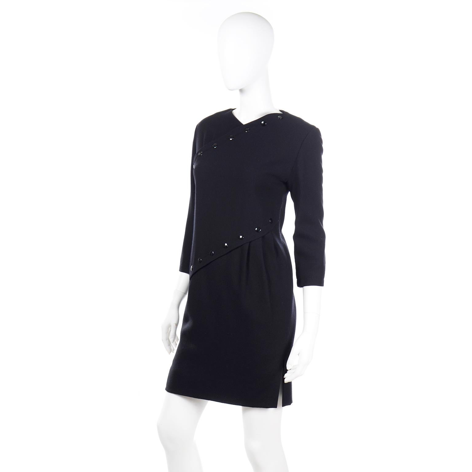 Women's 1980s Pierre Cardin Black Vintage Dress W Button Details Lined In Silk For Sale