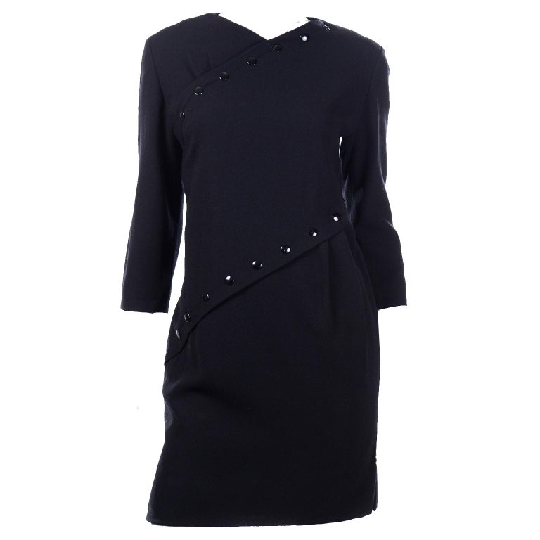 1980s Pierre Cardin Black Vintage Dress W Button Details Lined In Silk For Sale 5