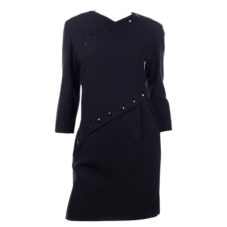 1980s Pierre Cardin Black Vintage Dress W Button Details Lined In Silk For Sale
