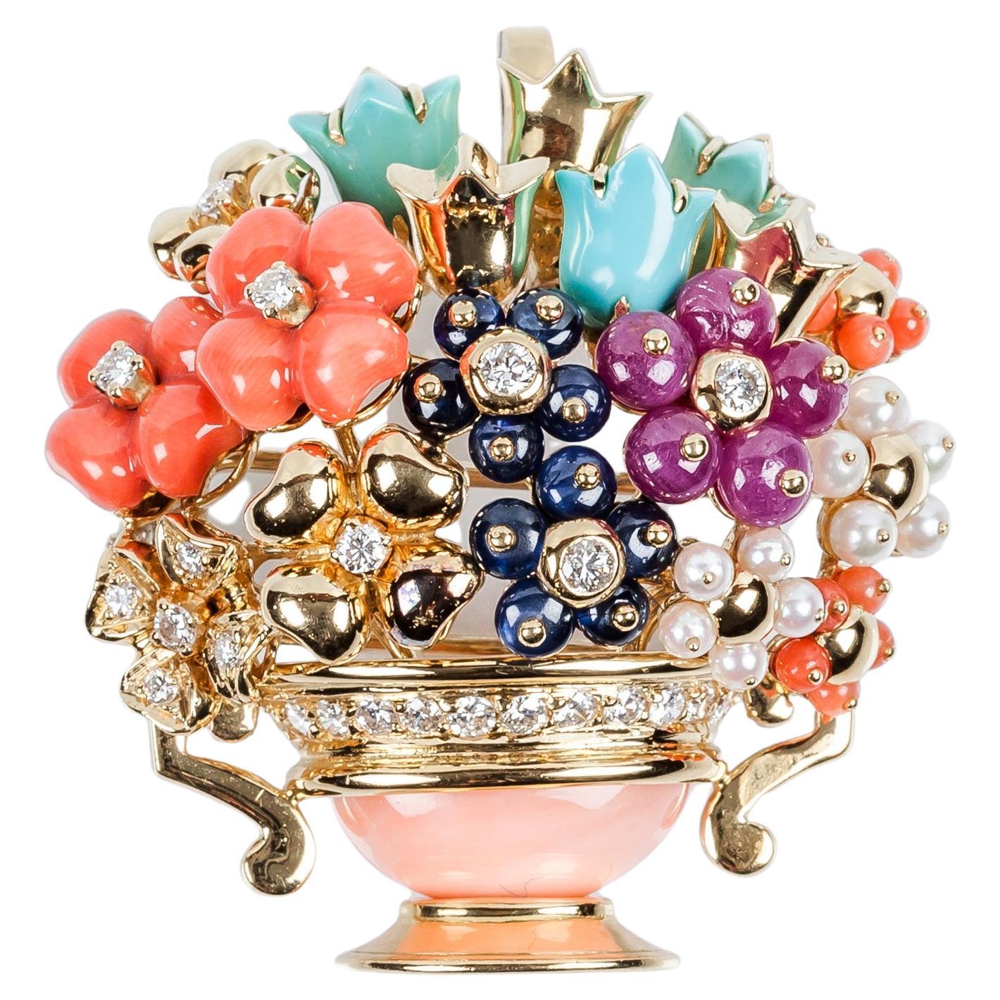 Pierre Cardin  Bouquet de fleurs avec diamants en or 18k Broche et pendentif