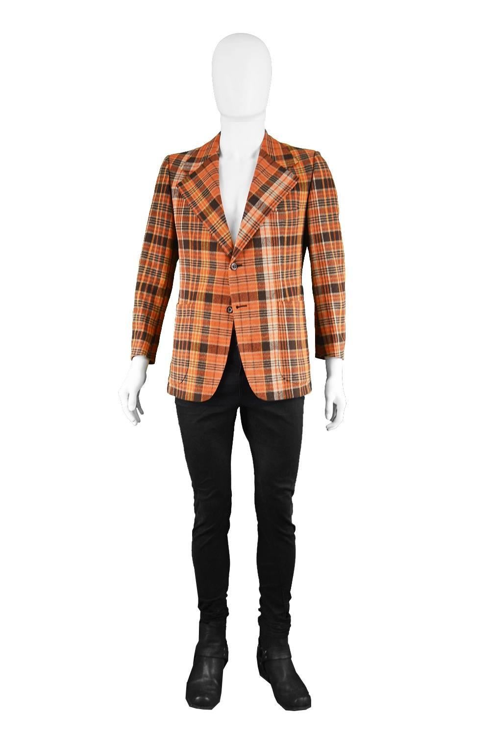 Pierre Cardin Boutique Men's Orange Tartan Checked Vintage Sport Coat, 1970s

Estimated Size: Men's Small. Would suit a shorter man due to shorter sleeves. Please Check measurements. 
Chest - 40” / 101cm (allow a couple of inches room for