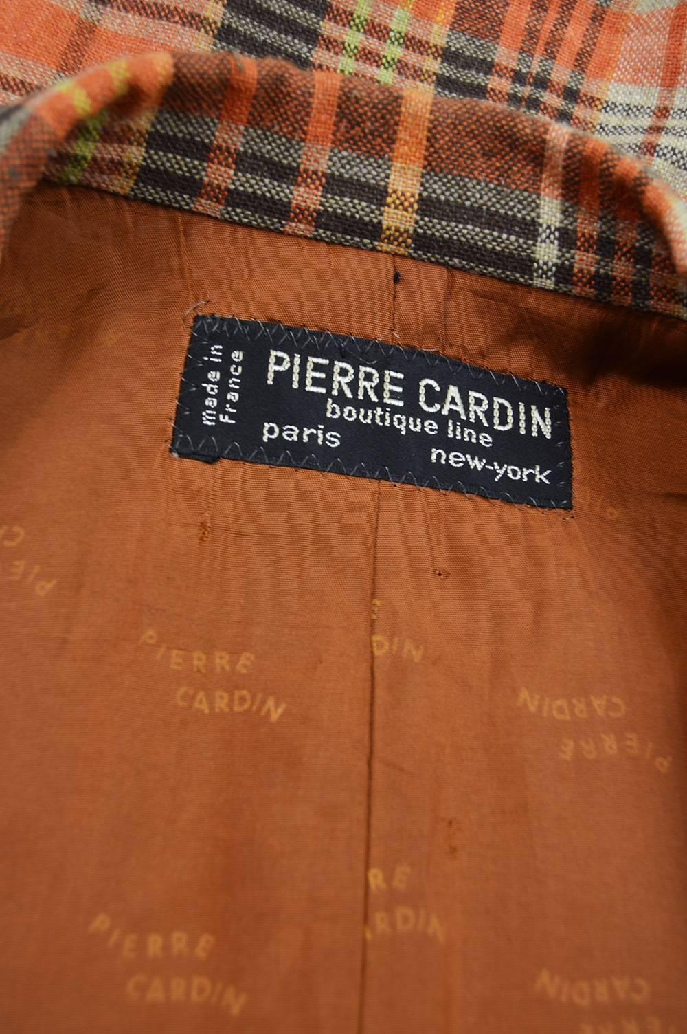 Pierre Cardin Boutique Men's Orange Plaid Check Vintage Blazer Jacket, 1970s 2