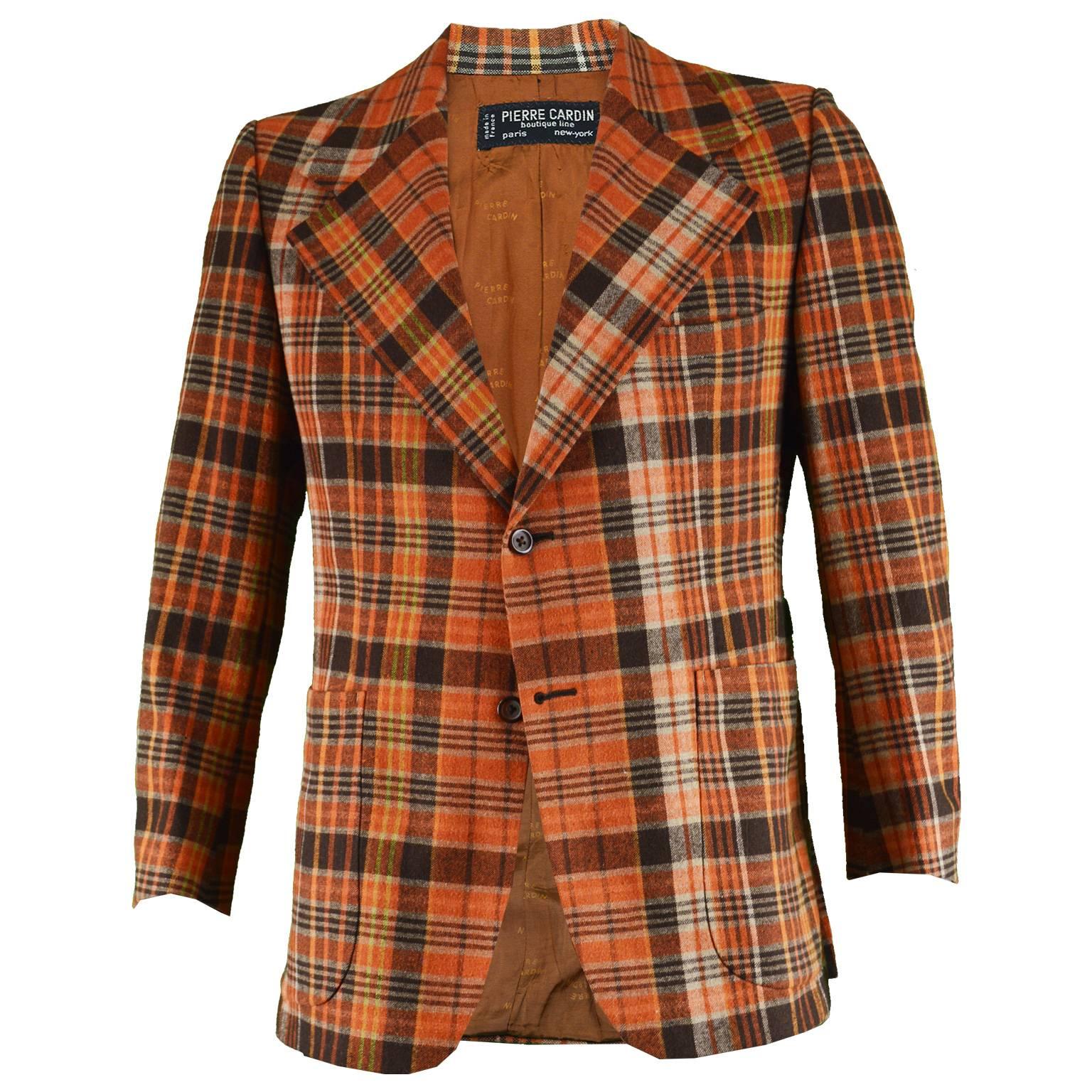 Pierre Cardin Boutique Men's Orange Plaid Check Vintage Blazer Jacket, 1970s For Sale