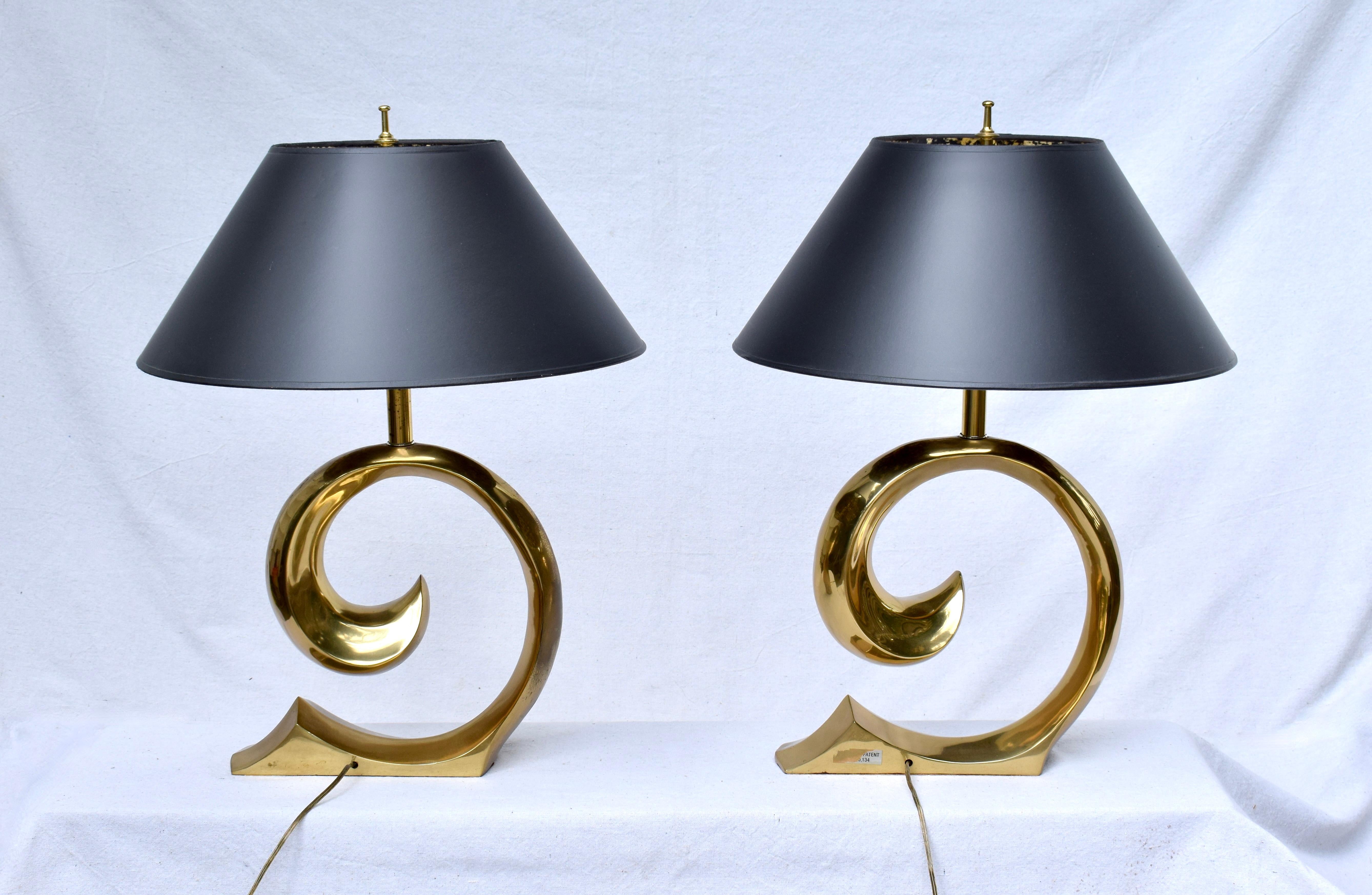 Hollywood Regency Pierre Cardin Brass Lamps, With Matching Shades Pair