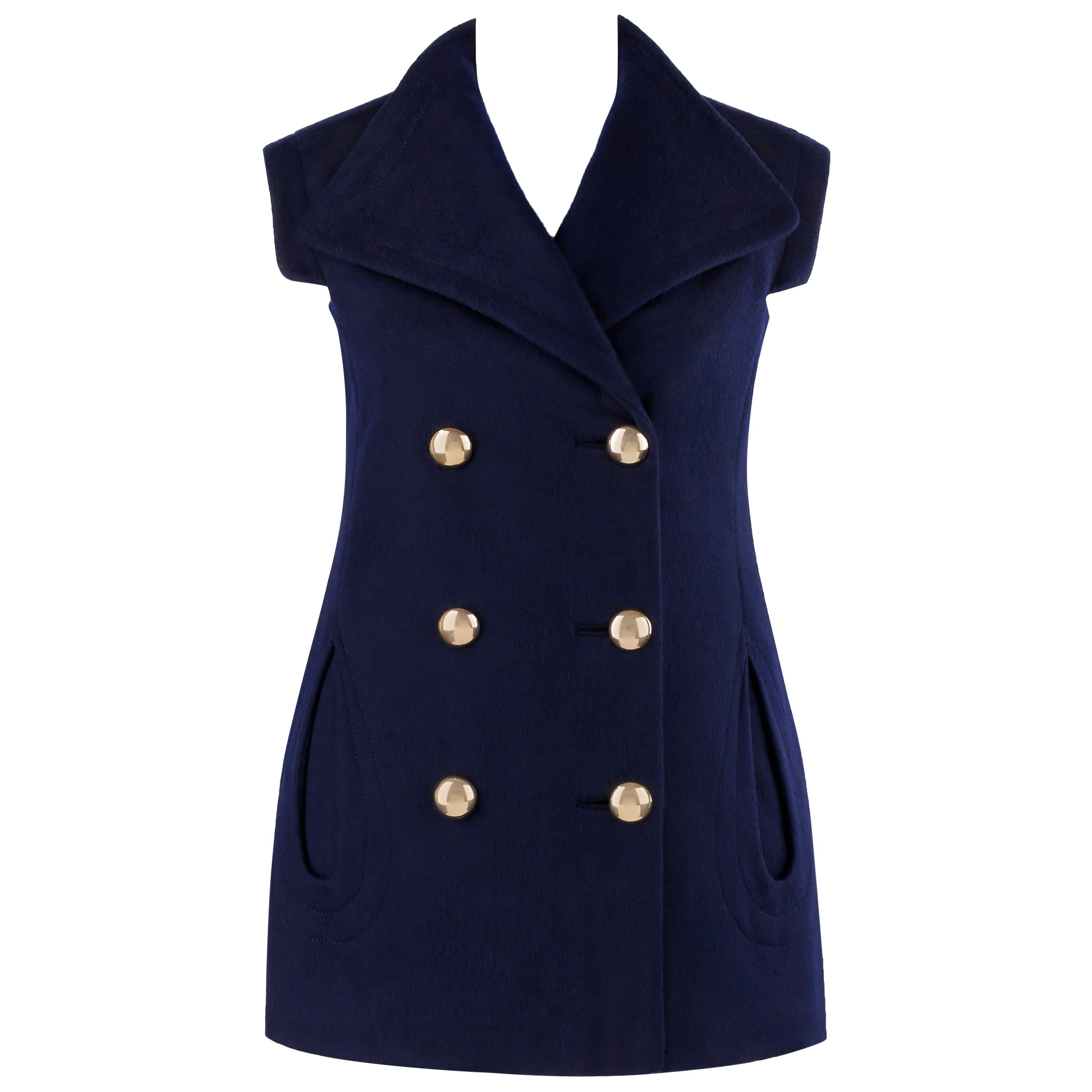PIERRE CARDIN c.1960’s Navy Blue Extended Shoulder Double Breasted Vest Jacket For Sale
