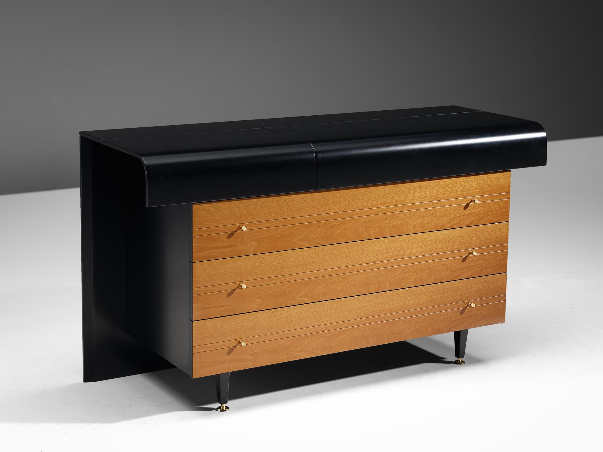 Pierre Cardin, chest of drawers, black lacquered wood, walnut, brass, France, 1970s

Chest of drawers designed by the groundbreaking fashion designer Pierre Cardin (1922 - 2020). Pierre Cardin was a world famous fashion designer, but also enjoyed