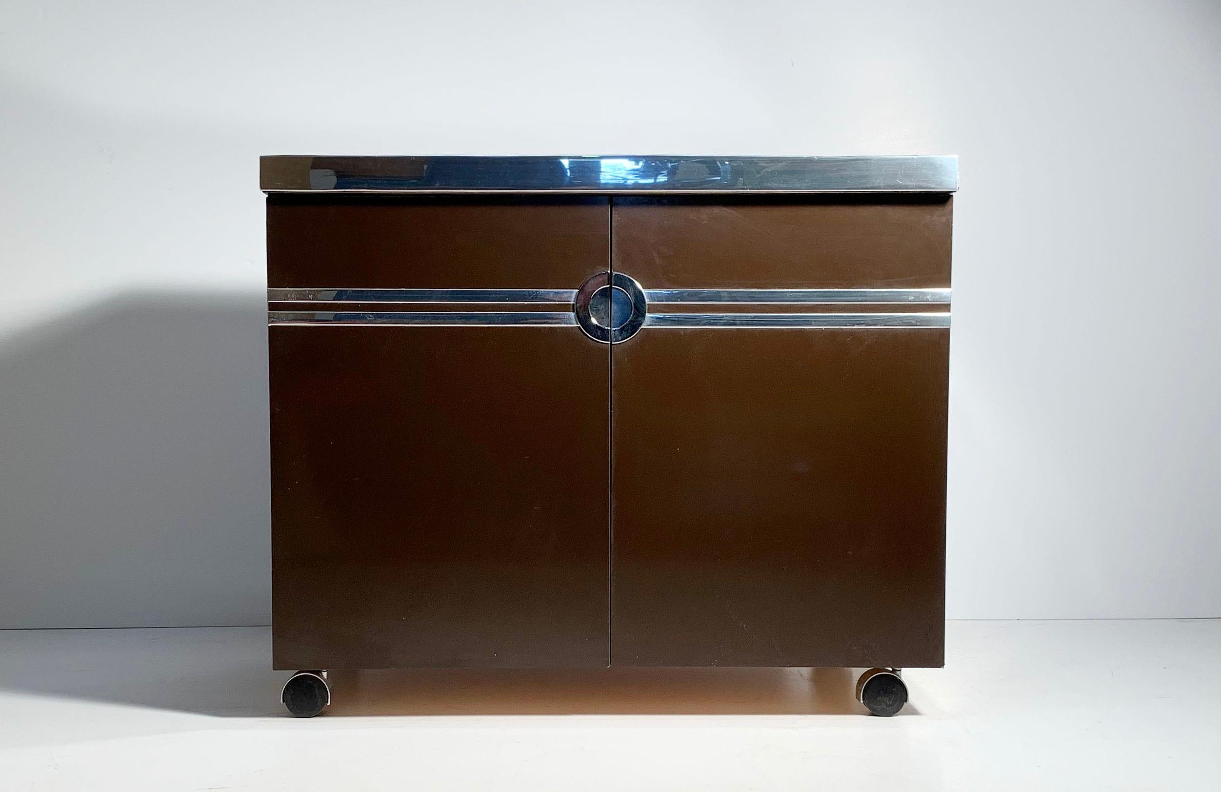 Pierre Cardin Chocolate Color Bar Cabinet on Castors In Good Condition For Sale In Chicago, IL