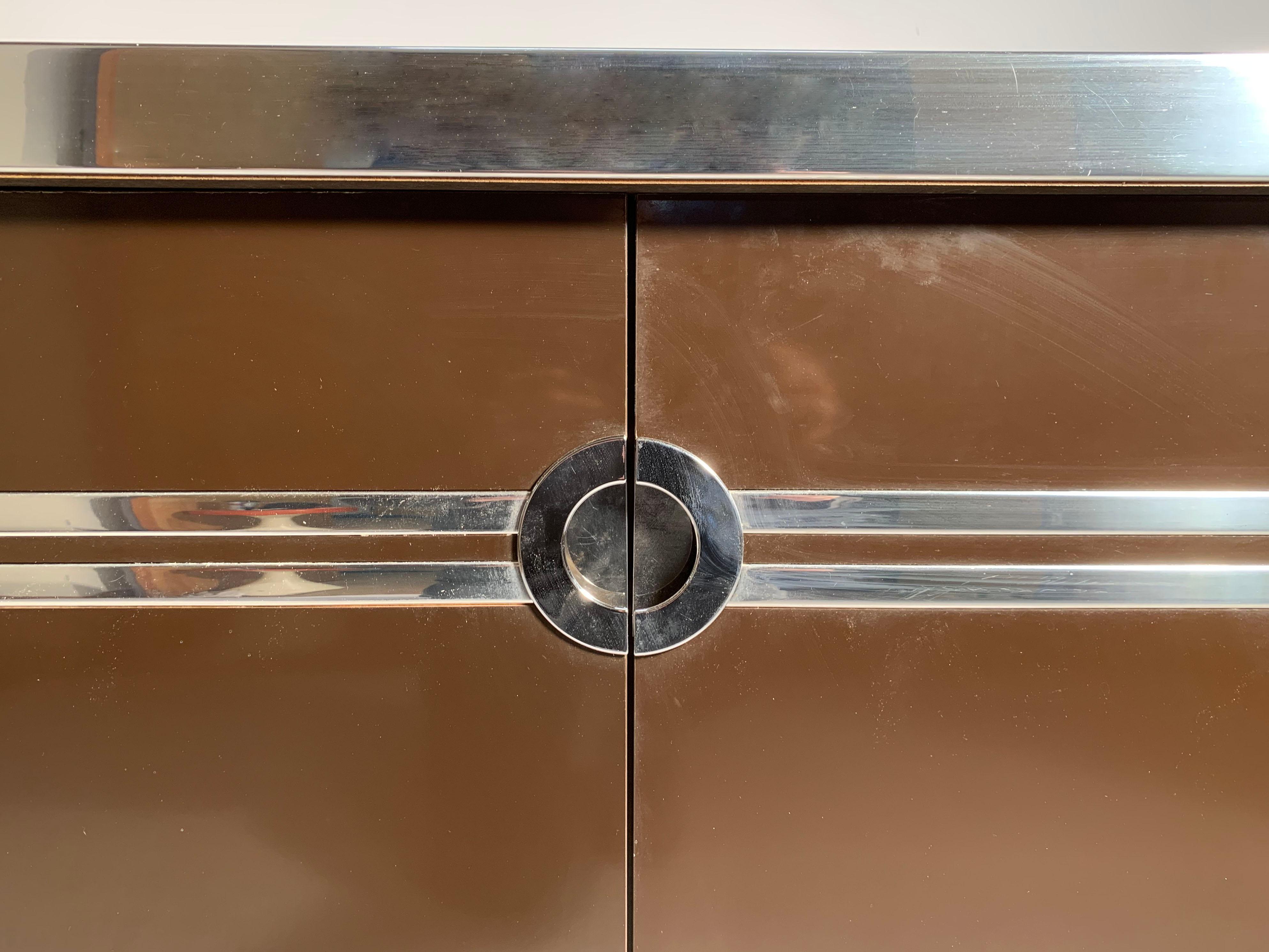 Chrome Pierre Cardin Chocolate Color Bar Cabinet on Castors For Sale