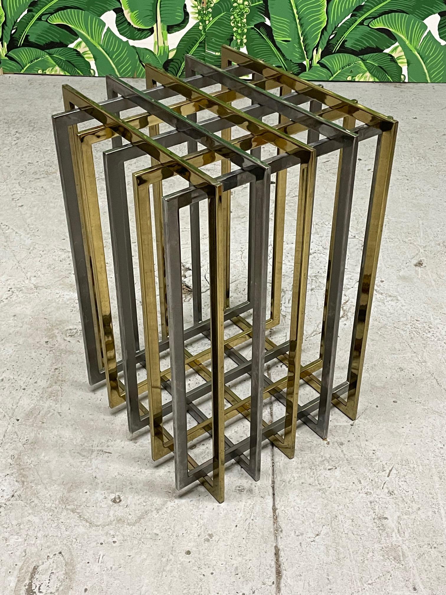 Pierre Cardin mixed metal cubist dining table base features alternating bands of brass and chrome form a square, or can be adjusted to become a diamond shape. Very heavy. Very good condition with minor imperfections consistent with age. May exhibit