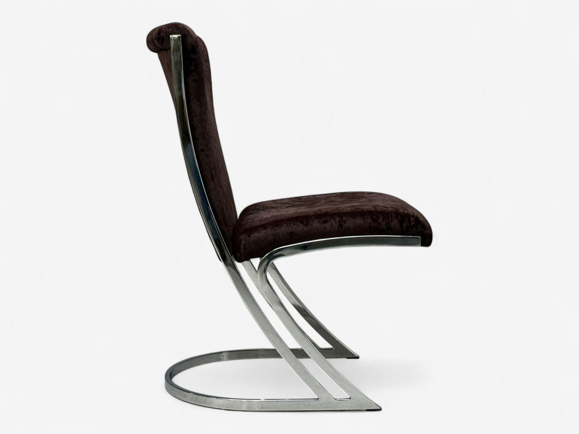 Métal Pierre Cardin, métal chromé, velours, six chaises de salle à manger, États-Unis, années 1970 en vente