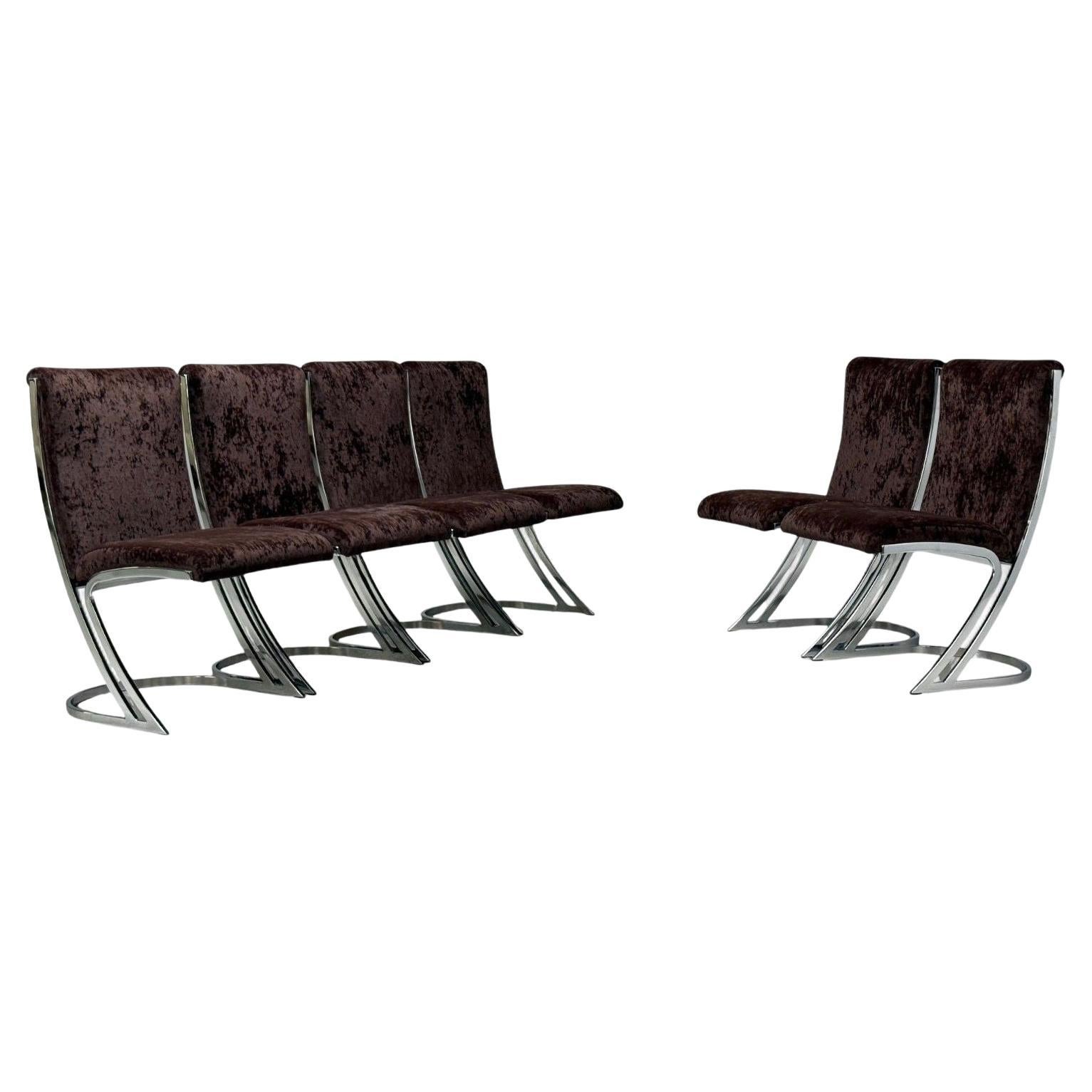 Pierre Cardin, métal chromé, velours, six chaises de salle à manger, États-Unis, années 1970 en vente