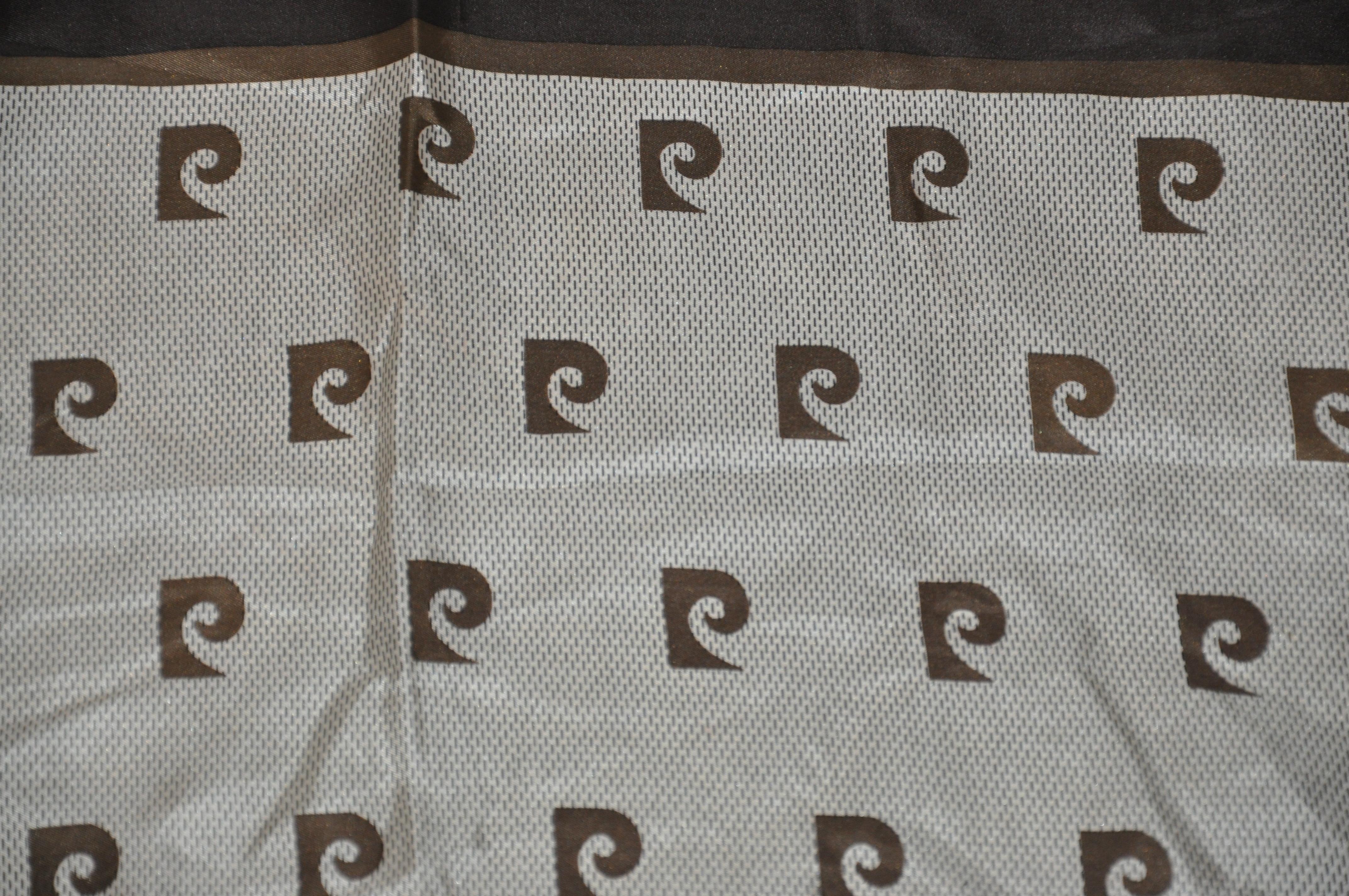 Gray Pierre Cardin Coco Brown Signature Logo Silk Scarf For Sale