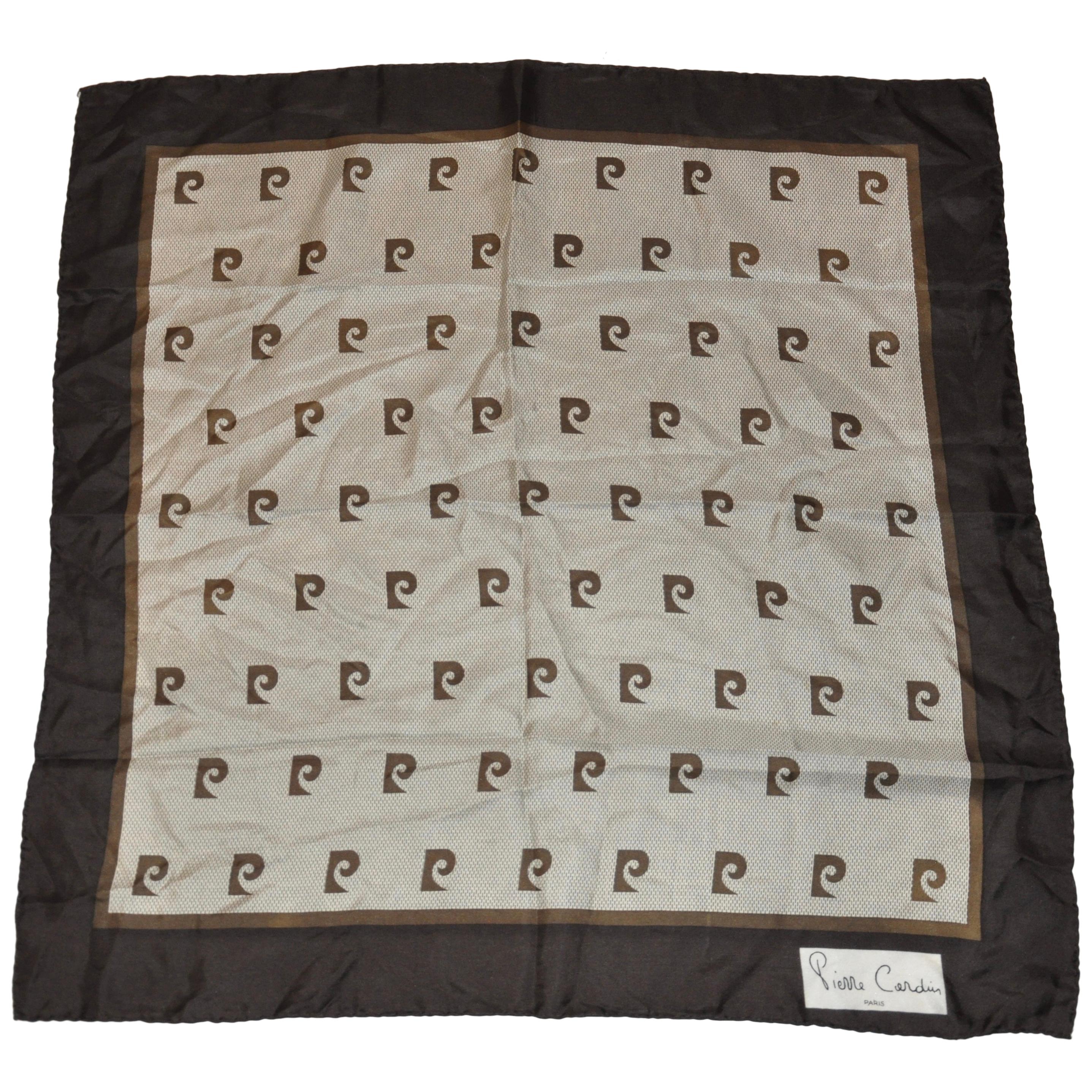 Pierre Cardin Coco Brown Signature Logo Silk Scarf For Sale