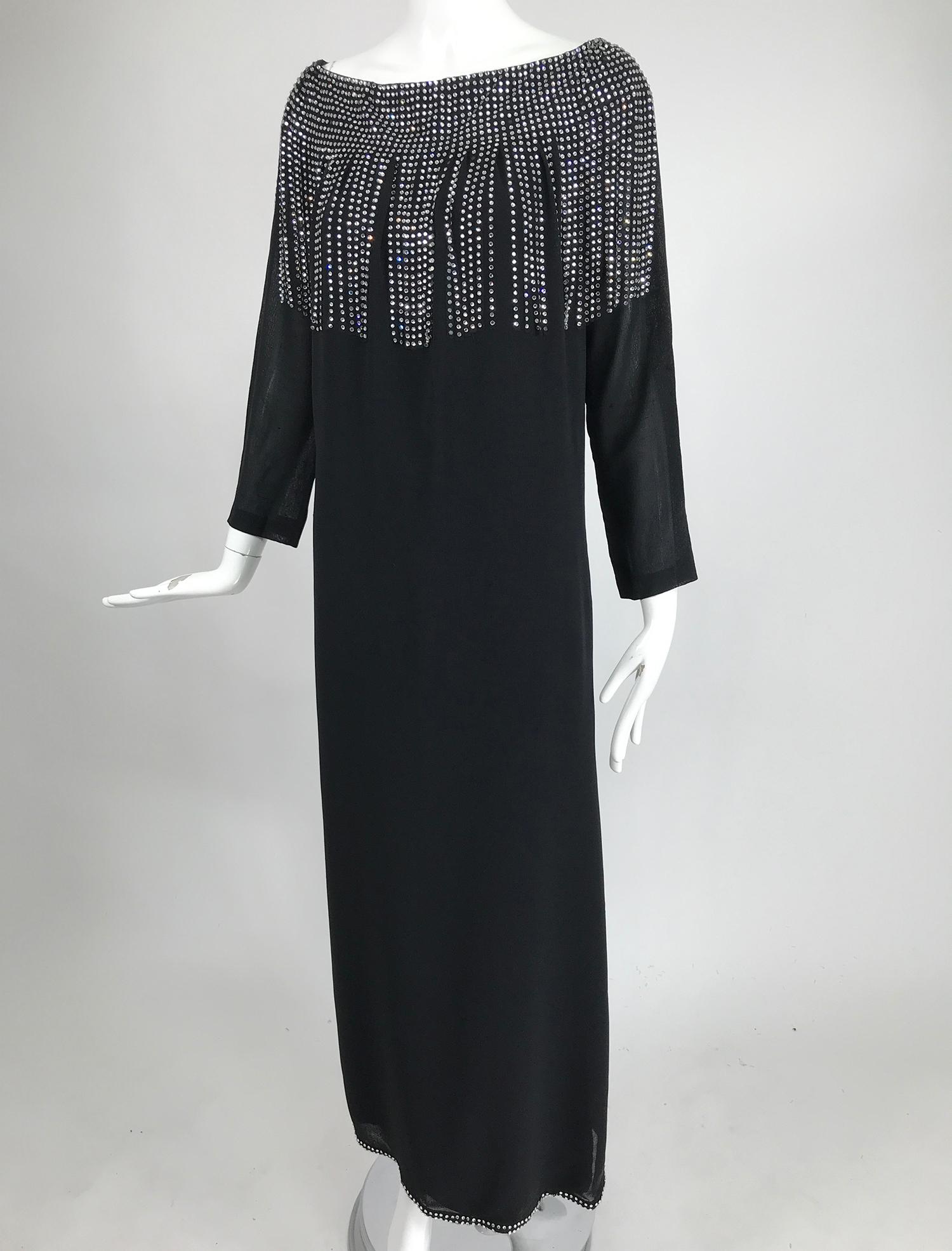Pierre Cardin Couture Black Slub Silk Rhinestone Car Wash Bib Gown 1960s 6