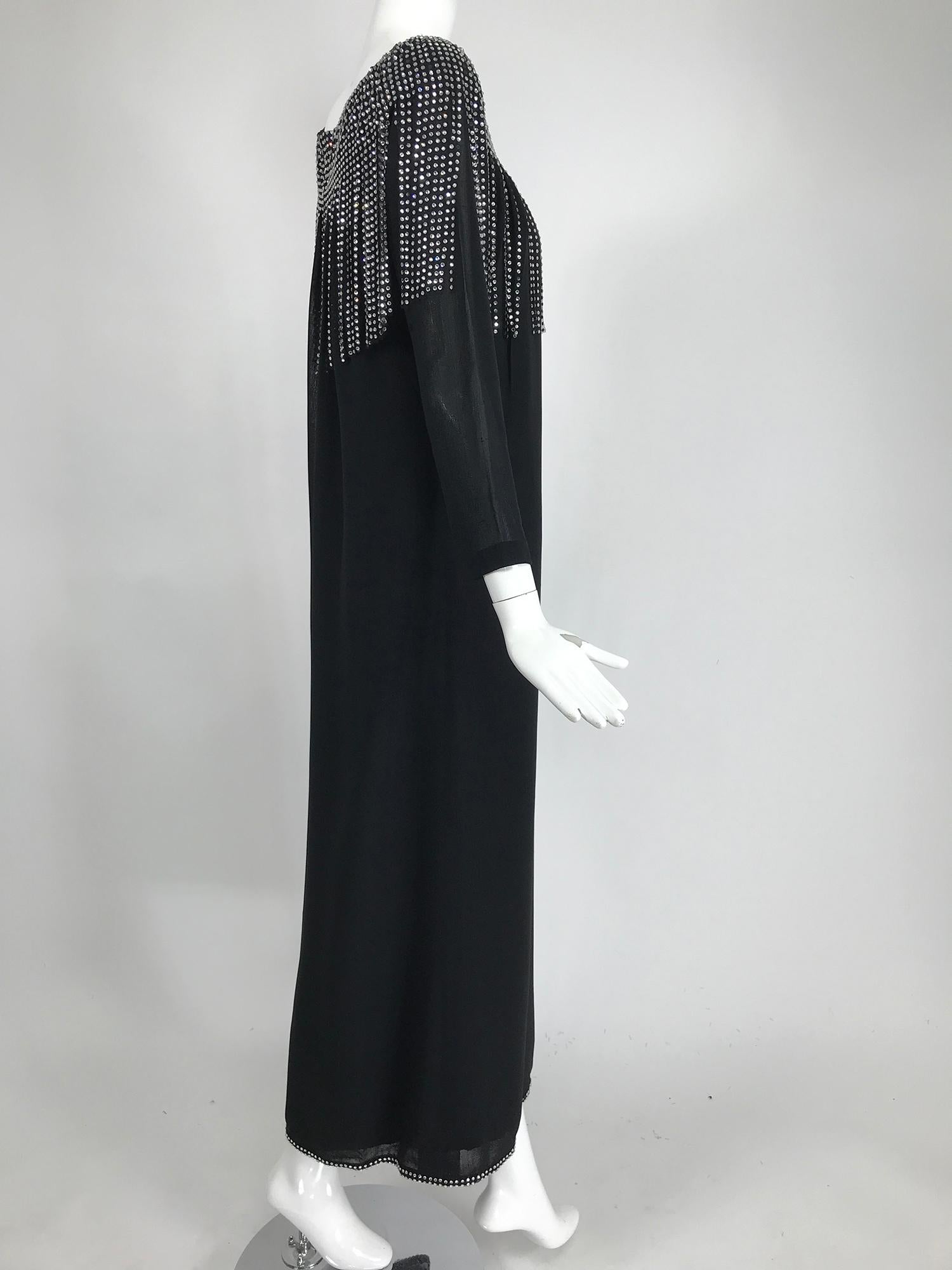 Pierre Cardin Couture Black Slub Silk Rhinestone Car Wash Bib Gown 1960s In Good Condition In West Palm Beach, FL