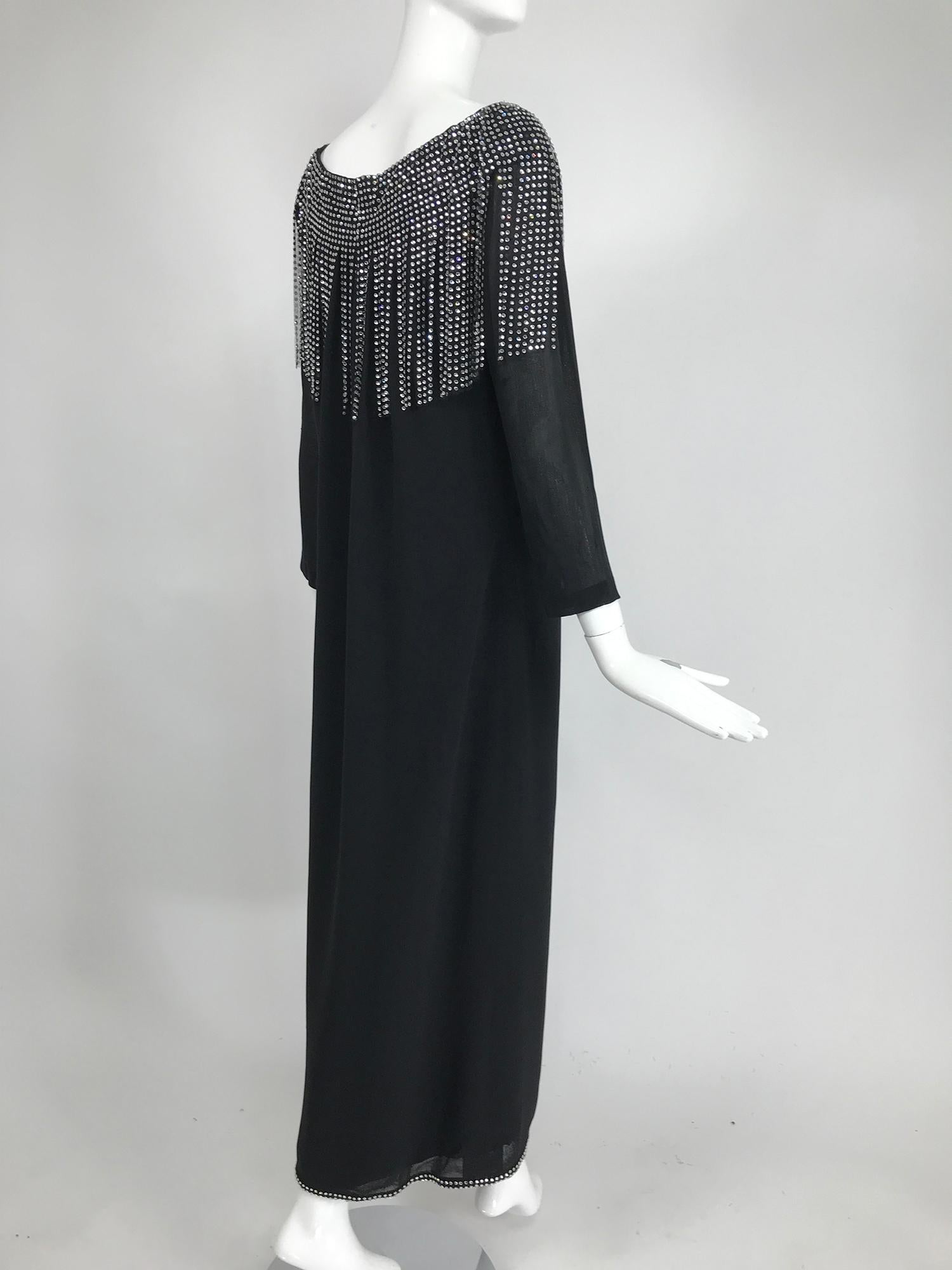 Women's Pierre Cardin Couture Black Slub Silk Rhinestone Car Wash Bib Gown 1960s