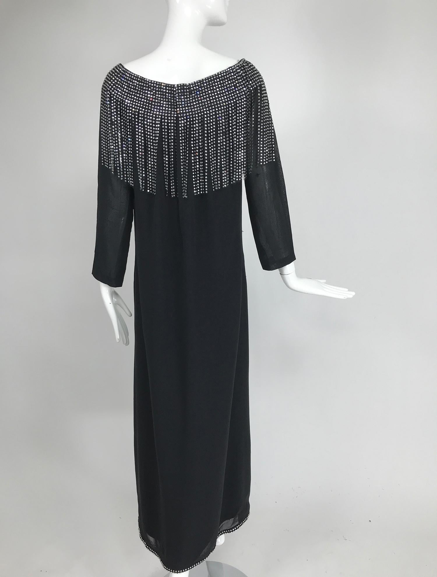 Pierre Cardin Couture Black Slub Silk Rhinestone Car Wash Bib Gown 1960s 1