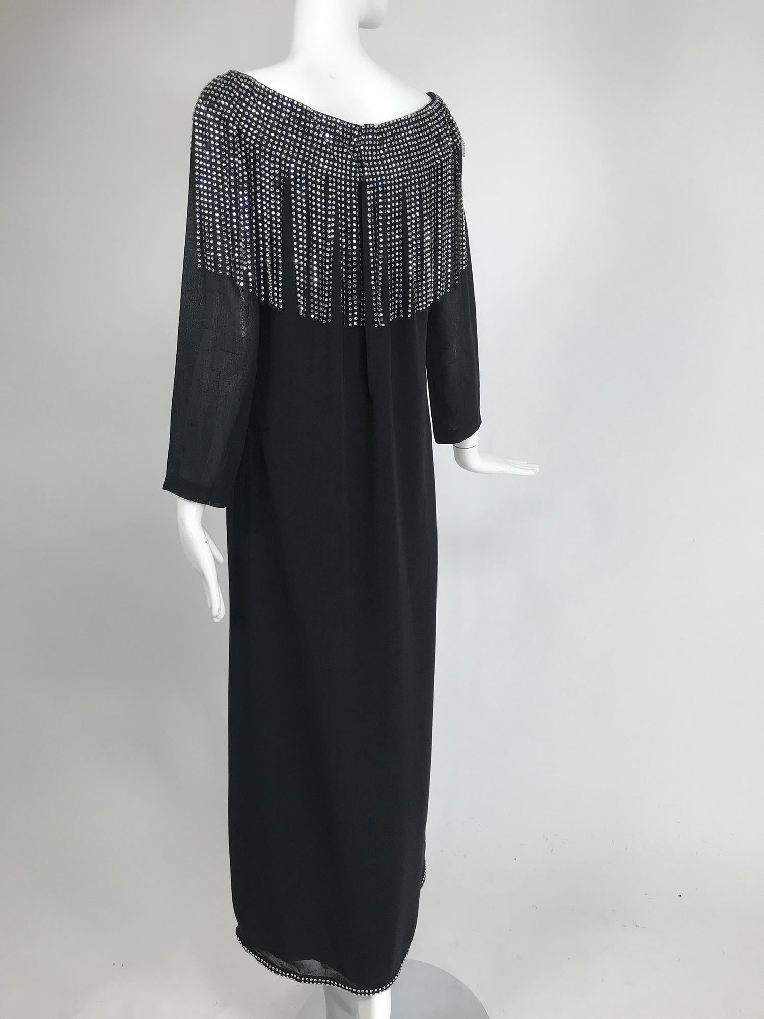 Pierre Cardin Couture Black Slub Silk Rhinestone Car Wash Bib Gown 1960s 2