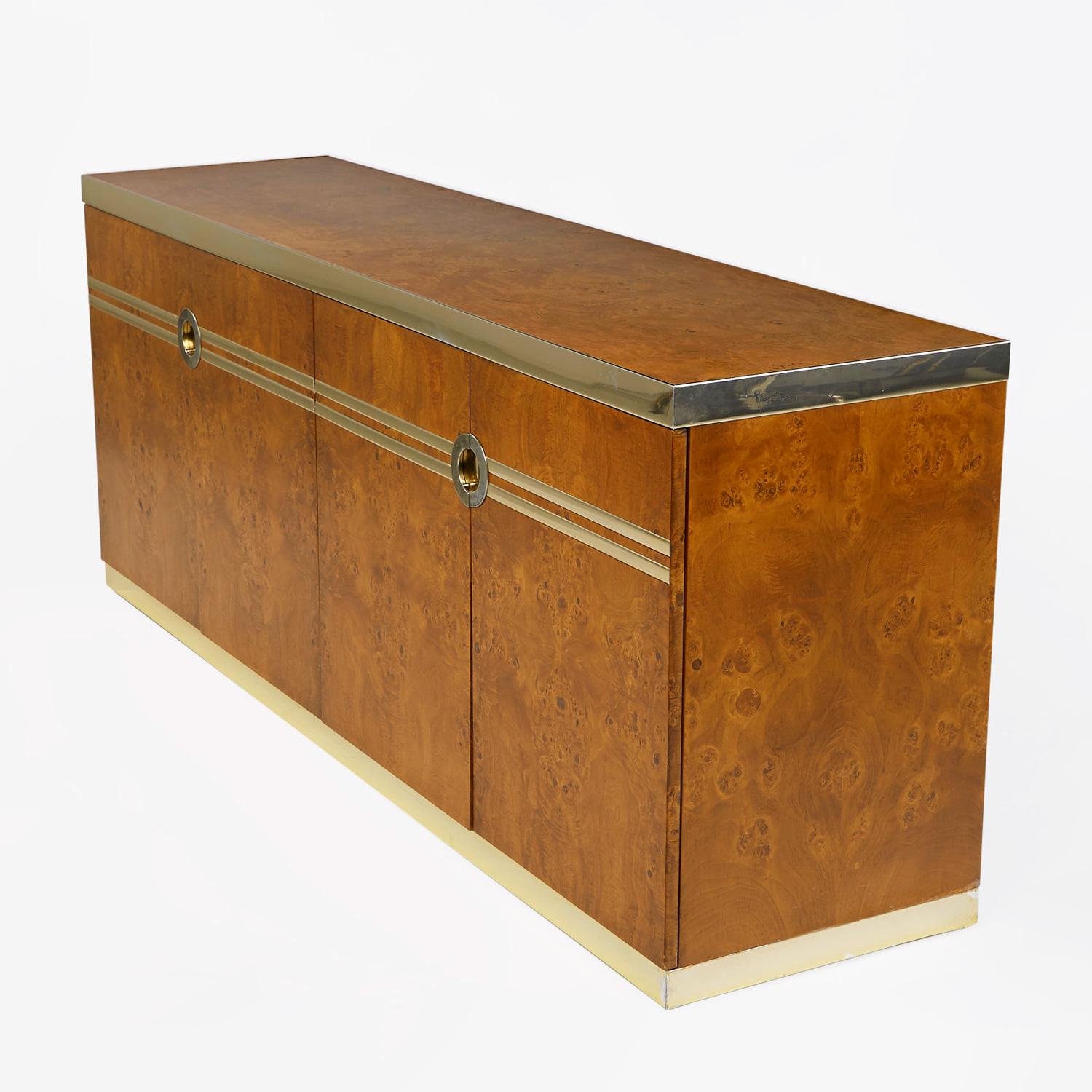 French Pierre Cardin Credenza Burl and Brass Hollywood Regency