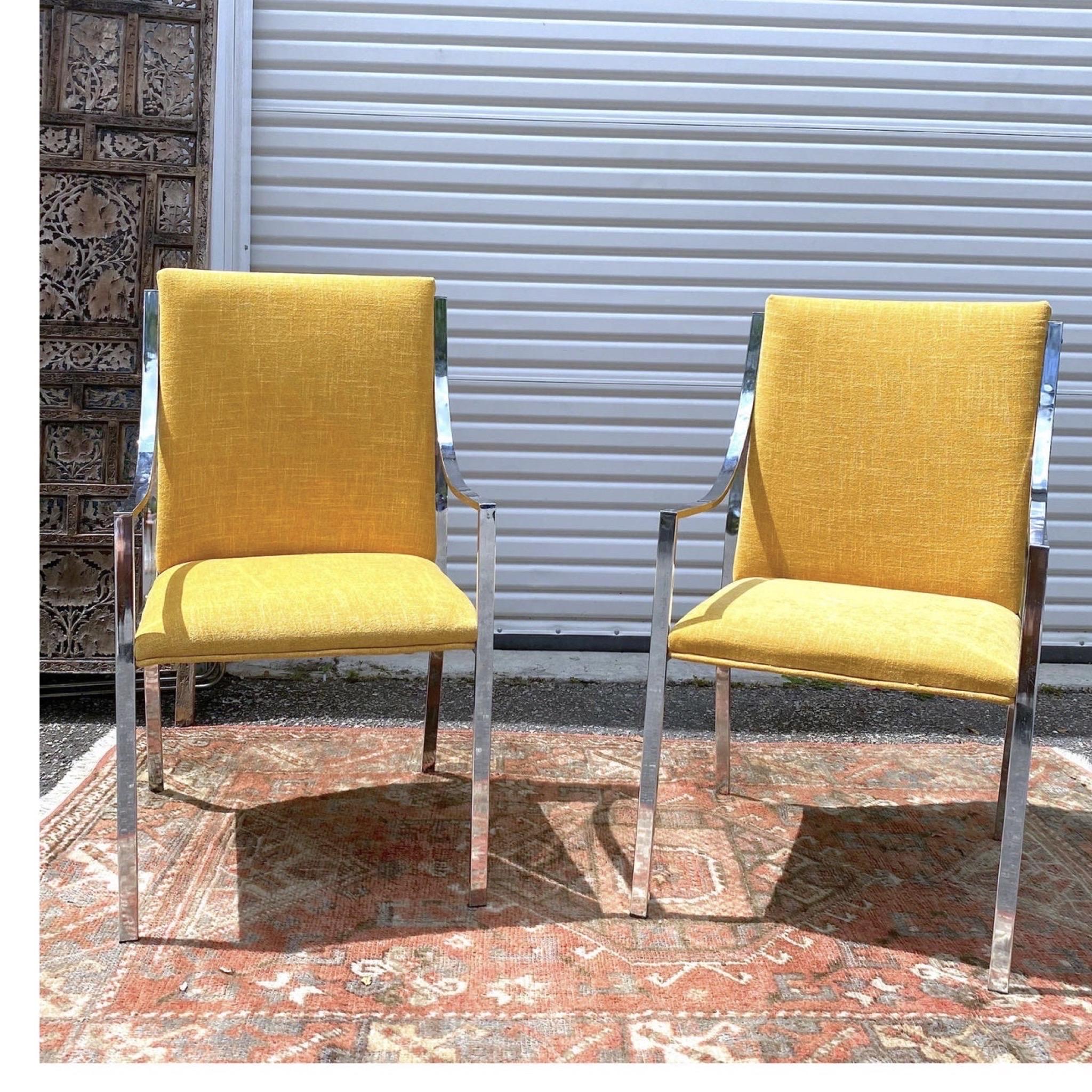 Pierre Cardin for Dillingham Chrome Occasional chairs - pair
Newly upholstered in a bright mustard yellow, these chrome chairs have super sleek lines. I went with a solid color so the frame of the chair stood out over the upholstery.

Set of 2