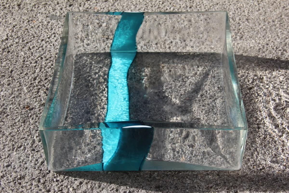 Italian Pierre Cardin for Venini 1970 Square Transparent Murano Bowl Light Blue Glass For Sale