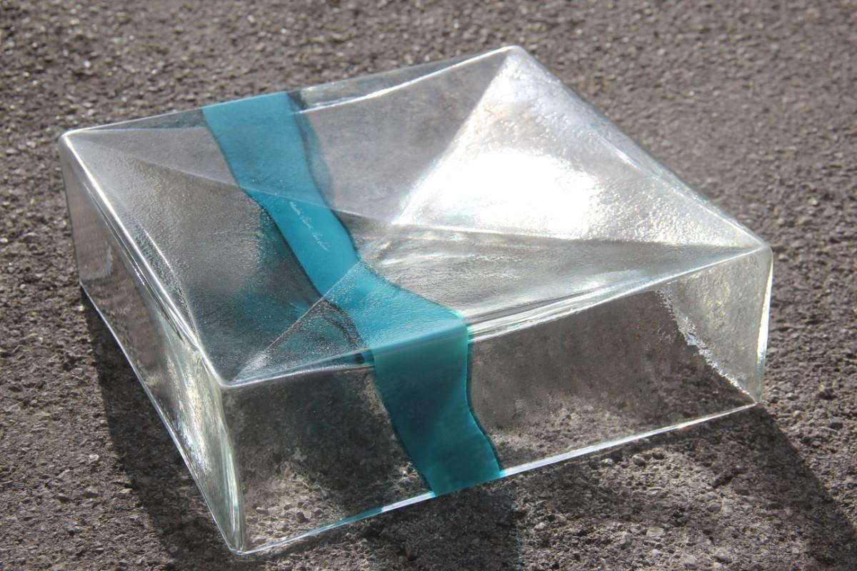 Pierre Cardin for Venini 1970 Square Transparent Murano Bowl Light Blue Glass For Sale 2