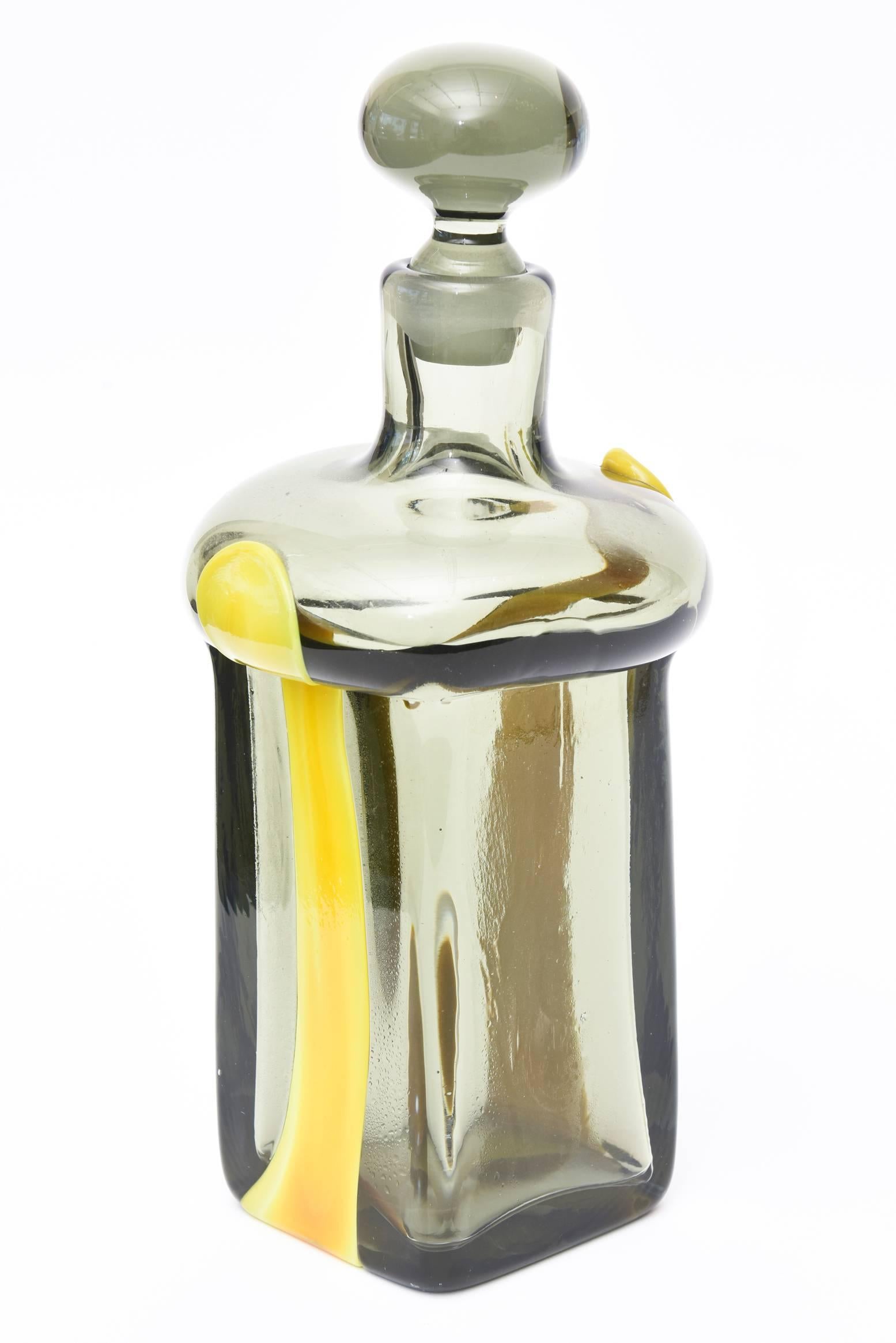 Blown Glass Pierre Cardin for Venini Italian Gray and Yellow Glass Decanter/ Barware 