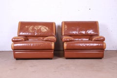 Pierre Cardin French Art Deco Oversized Leather Lounge Chairs, Pair
