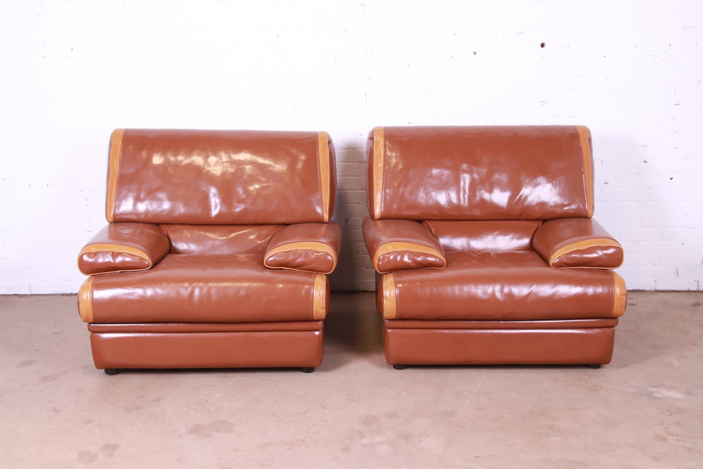 Pierre Cardin French Art Deco Oversized Leather Lounge Chairs, Pair In Good Condition In South Bend, IN