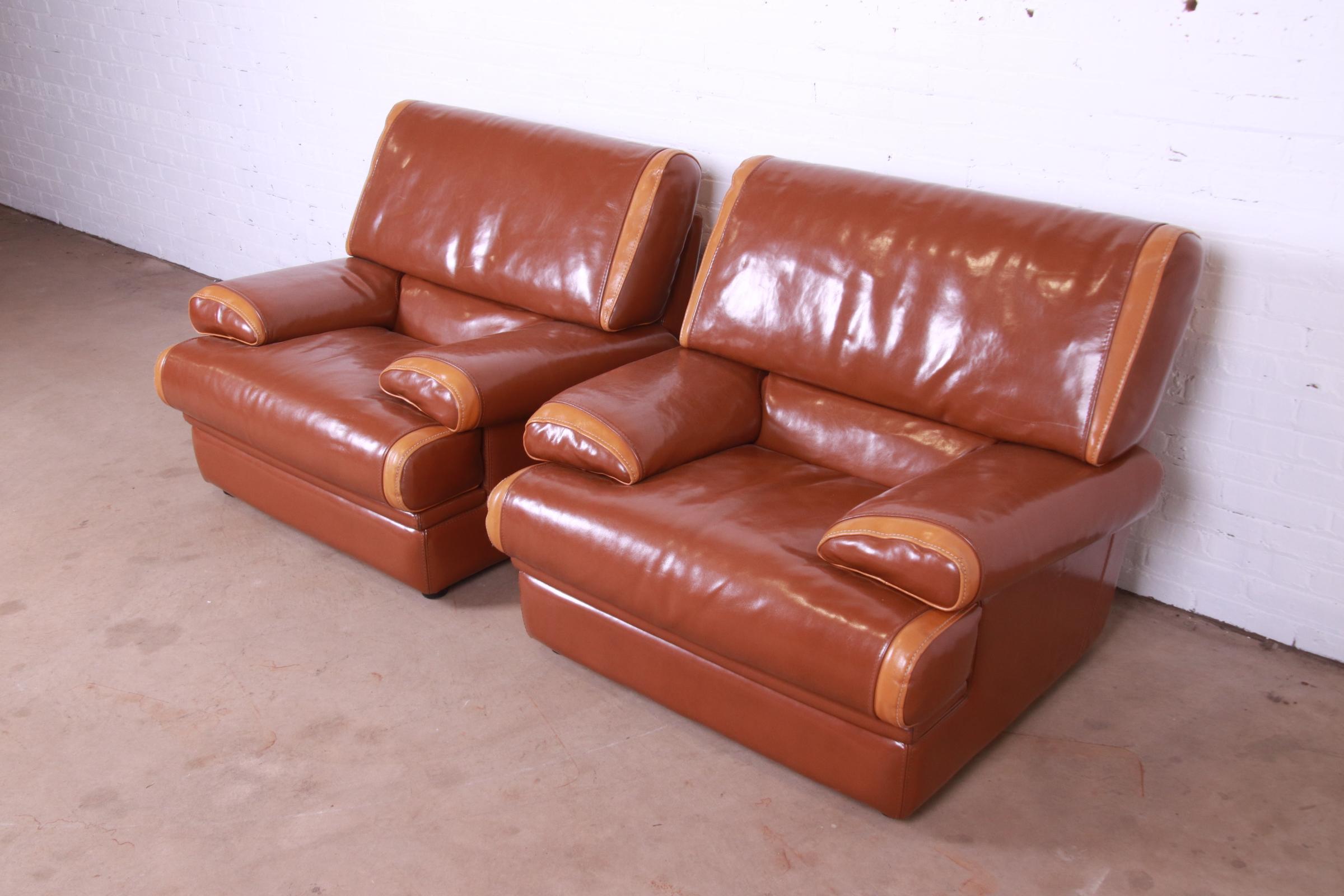 Late 20th Century Pierre Cardin French Art Deco Oversized Leather Lounge Chairs, Pair