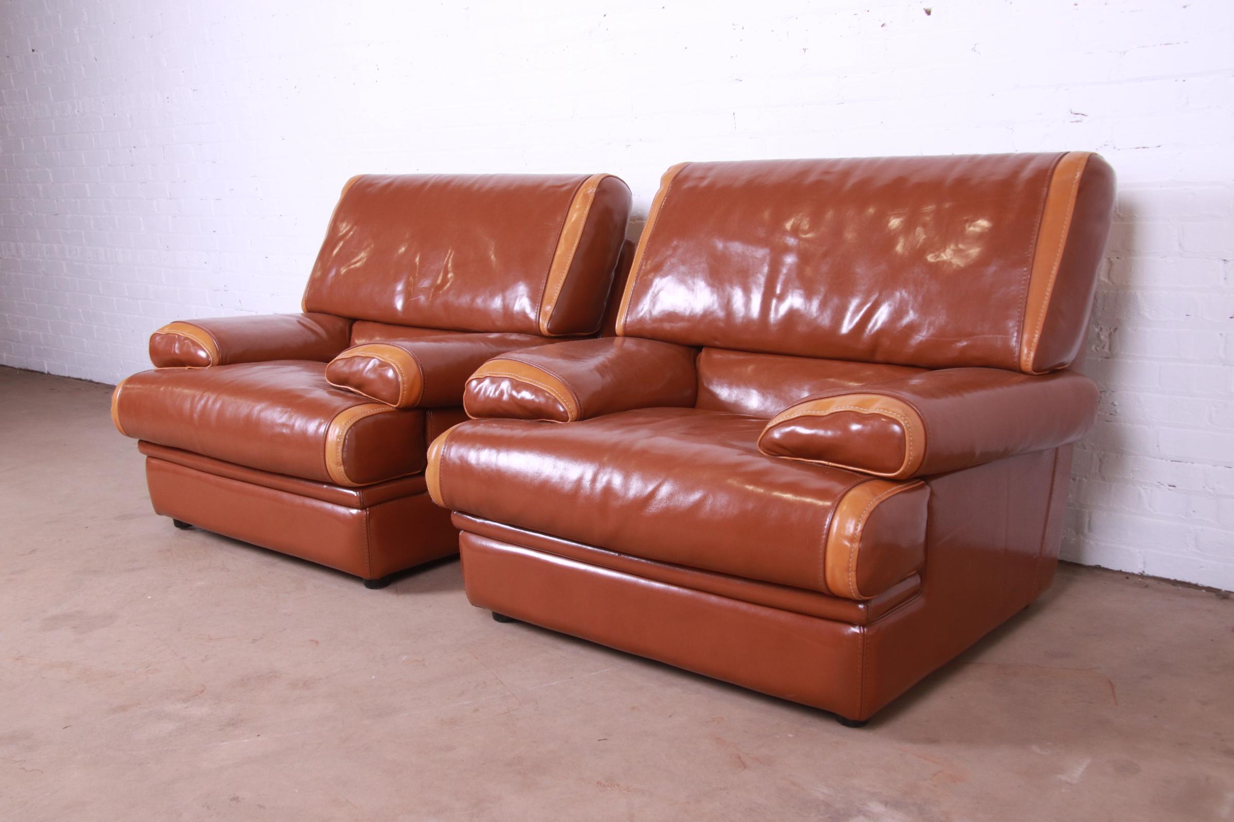 Pierre Cardin French Art Deco Oversized Leather Lounge Chairs, Pair 1