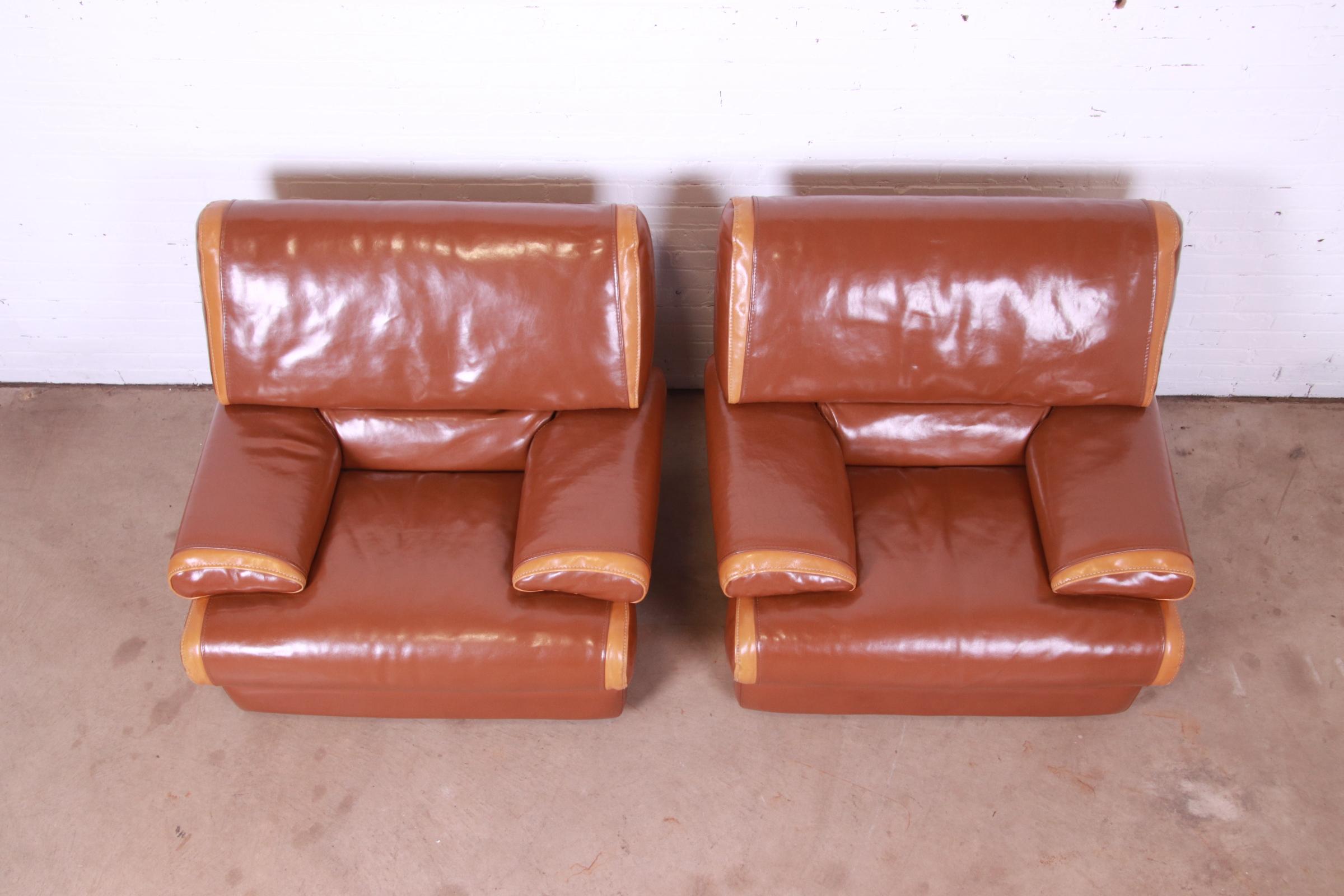 Pierre Cardin French Art Deco Oversized Leather Lounge Chairs, Pair 4