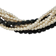 Pierre Cardin Glass Pearl and Black Glass Necklace with a Rhinestone Clasp 1980s