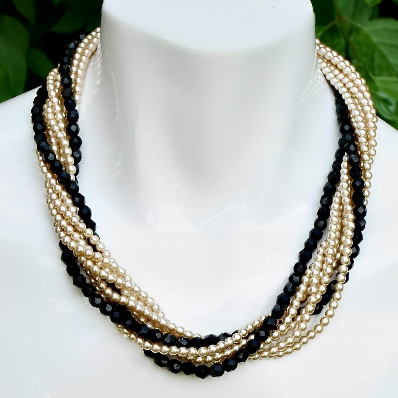 Women's or Men's Pierre Cardin Glass Pearl and Black Glass Necklace with a Rhinestone Clasp 1980s For Sale