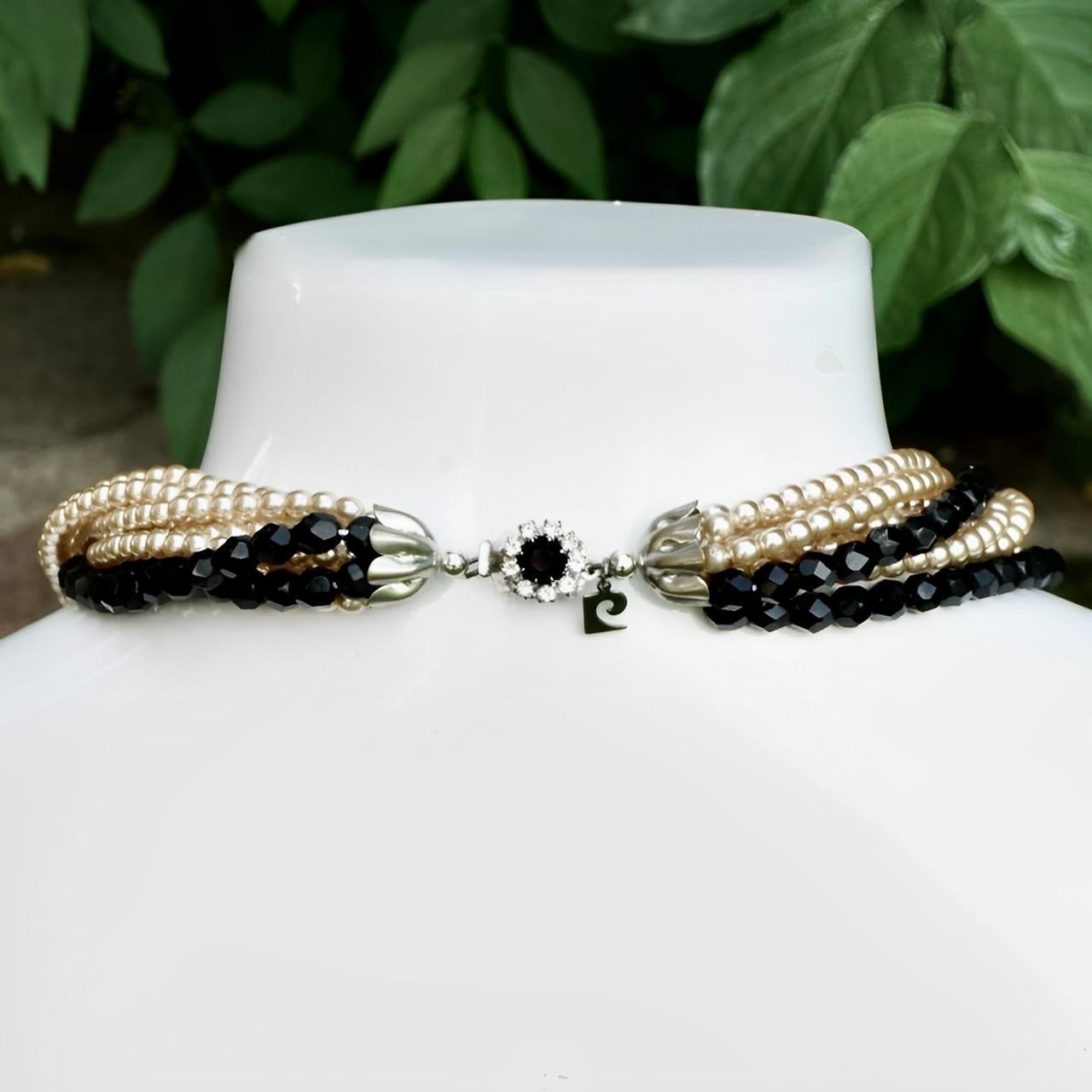 Pierre Cardin Glass Pearl and Black Glass Necklace with a Rhinestone Clasp 1980s For Sale 2