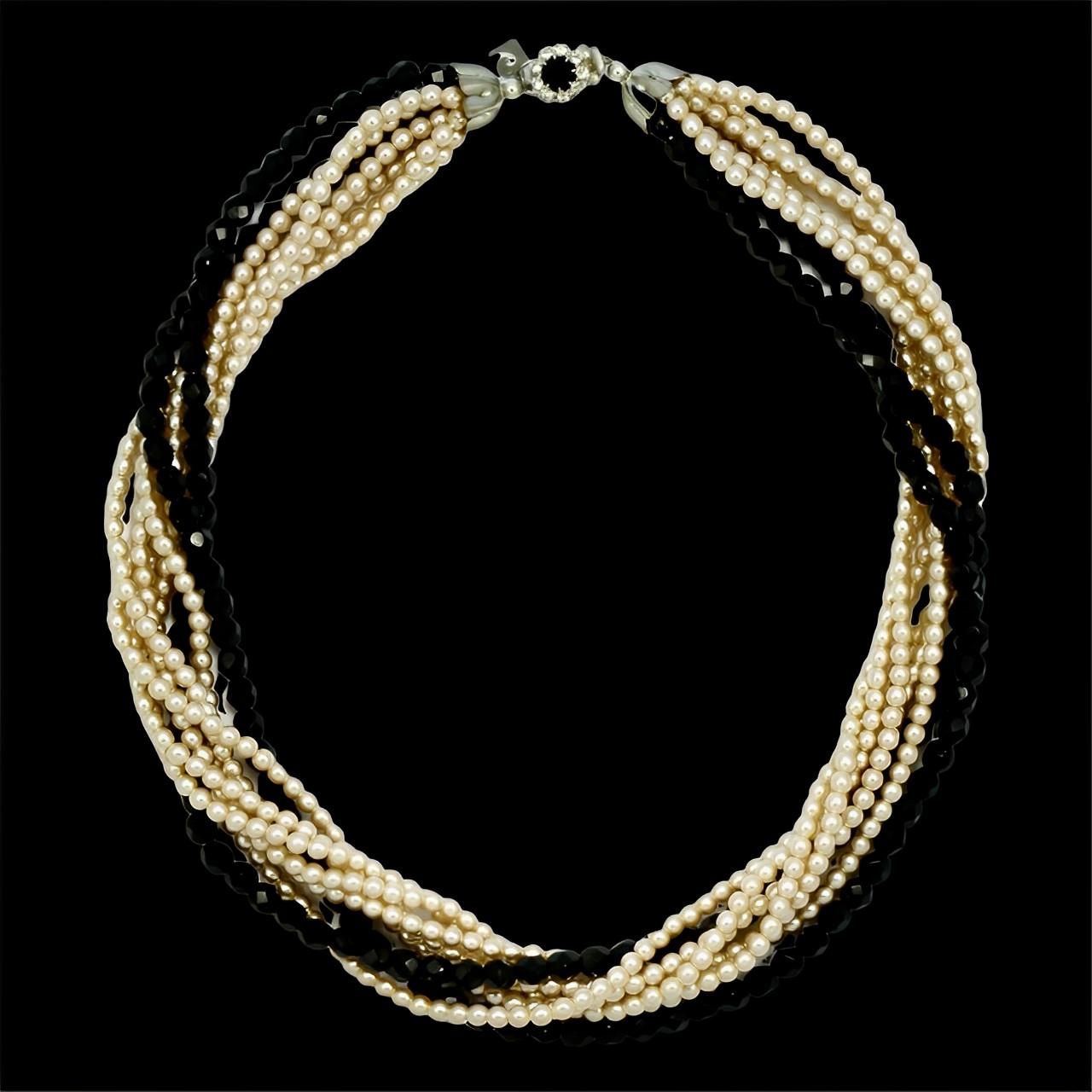 Pierre Cardin Glass Pearl and Black Glass Necklace with a Rhinestone Clasp 1980s For Sale 5