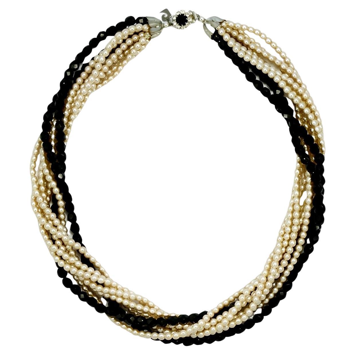 Pierre Cardin Glass Pearl and Black Glass Necklace with a Rhinestone Clasp 1980s For Sale