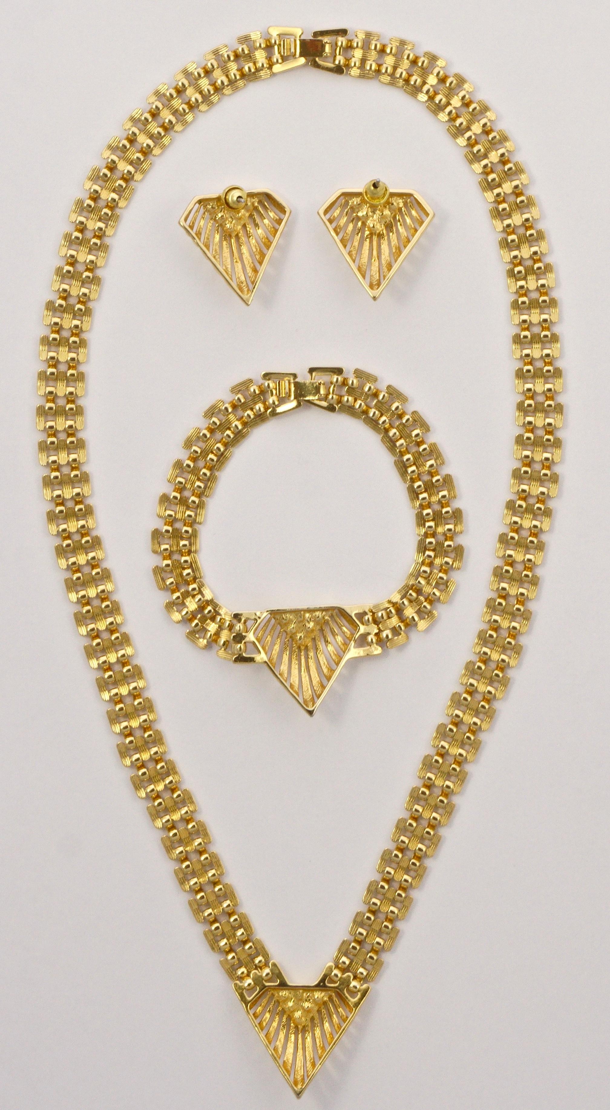 Pierre Cardin Gold Plated and Rhinestones Necklace Bracelet Earrings, 1980s 4