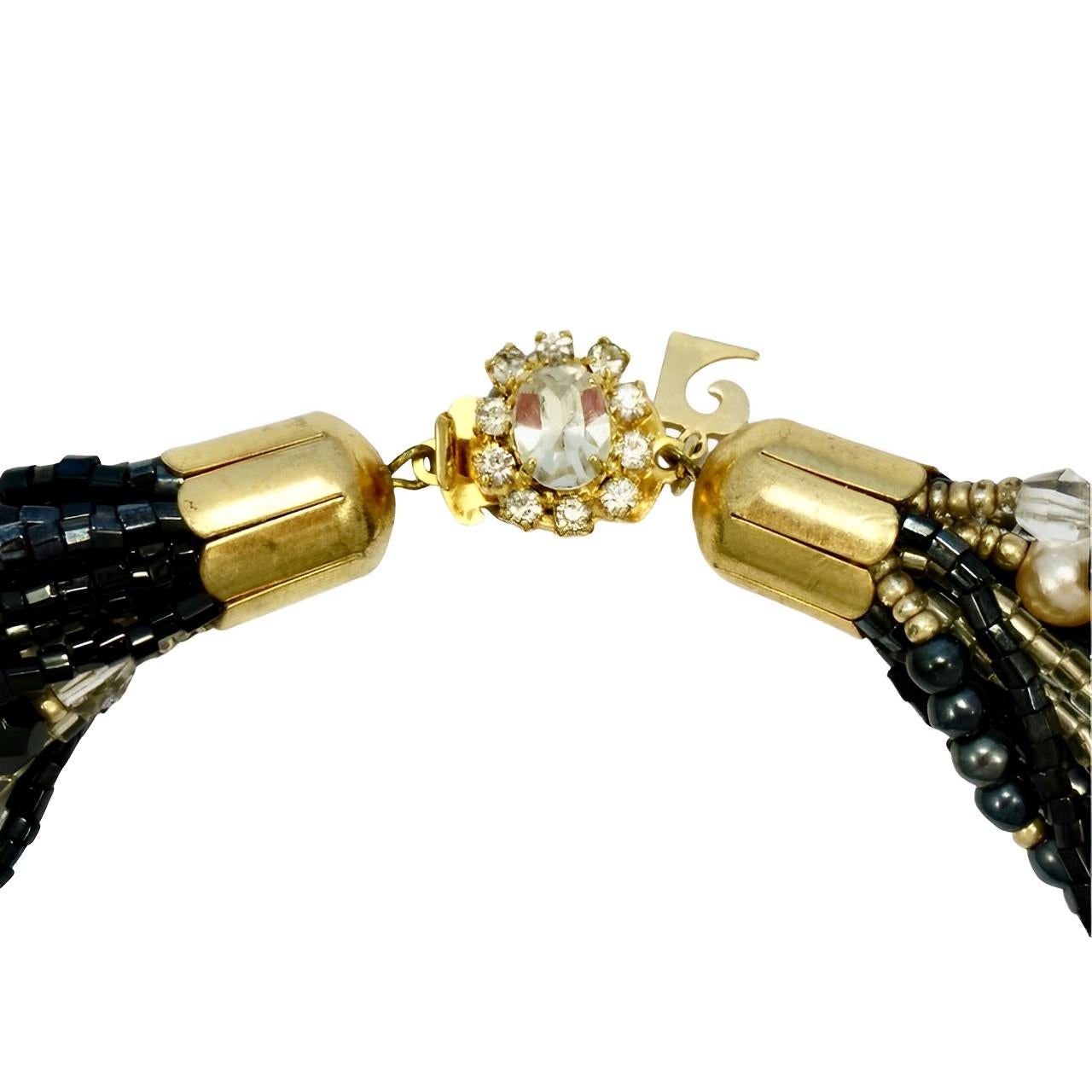 Pierre Cardin Gold Tone and Glass Bead Necklace with a Rhinestone Clasp 1980s In Good Condition For Sale In London, GB