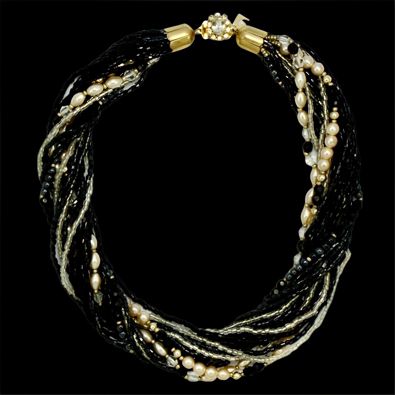 Pierre Cardin Gold Tone and Glass Bead Necklace with a Rhinestone Clasp 1980s For Sale 4