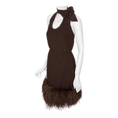 Used Pierre Cardin Haute Couture Chiffon Cocktail Dress w/Ostrich Feather Trim