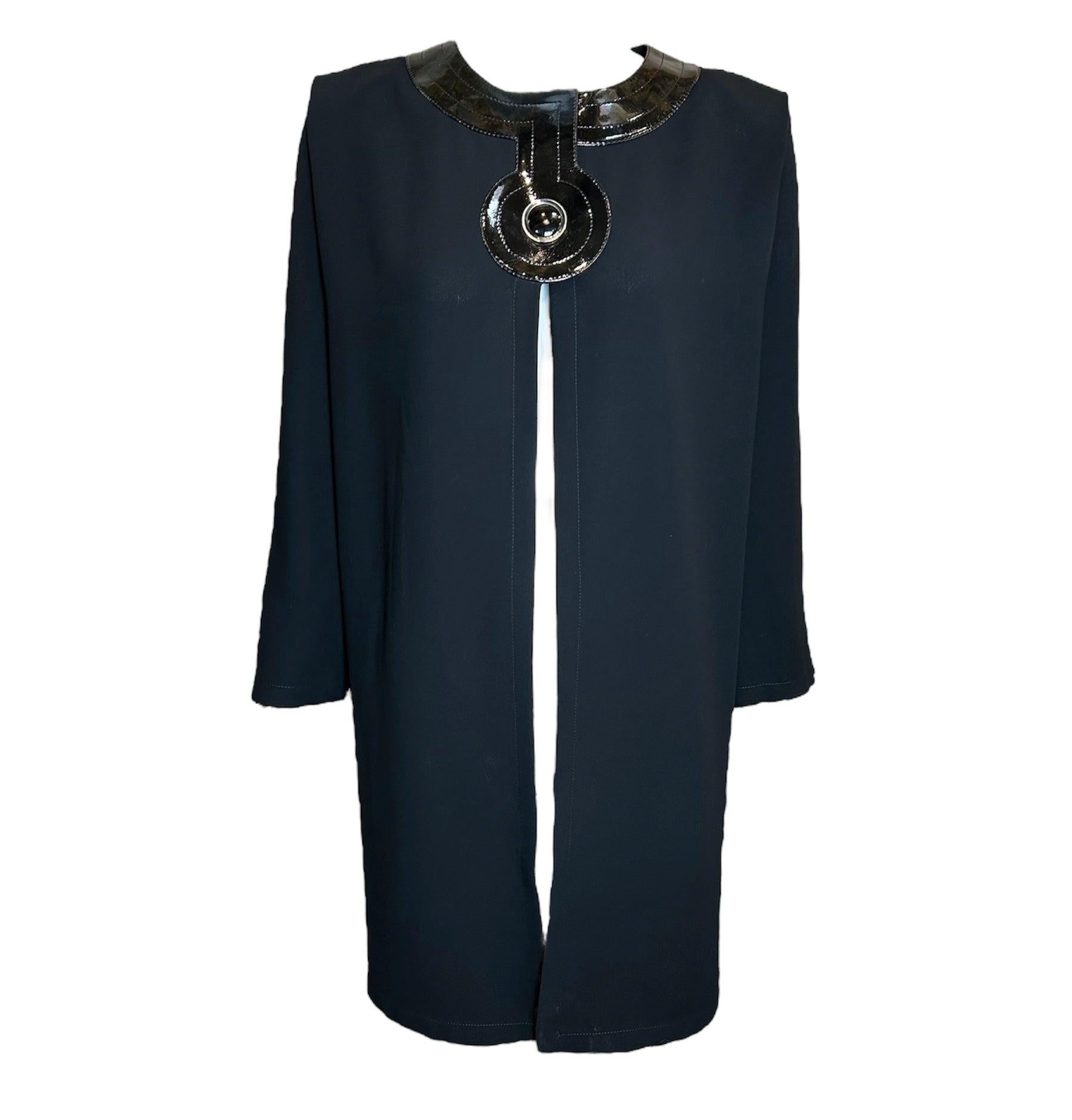 Pierre Cardin Haute Couture Crepe Evening Coat with Vinyl Accent, 1980s For Sale