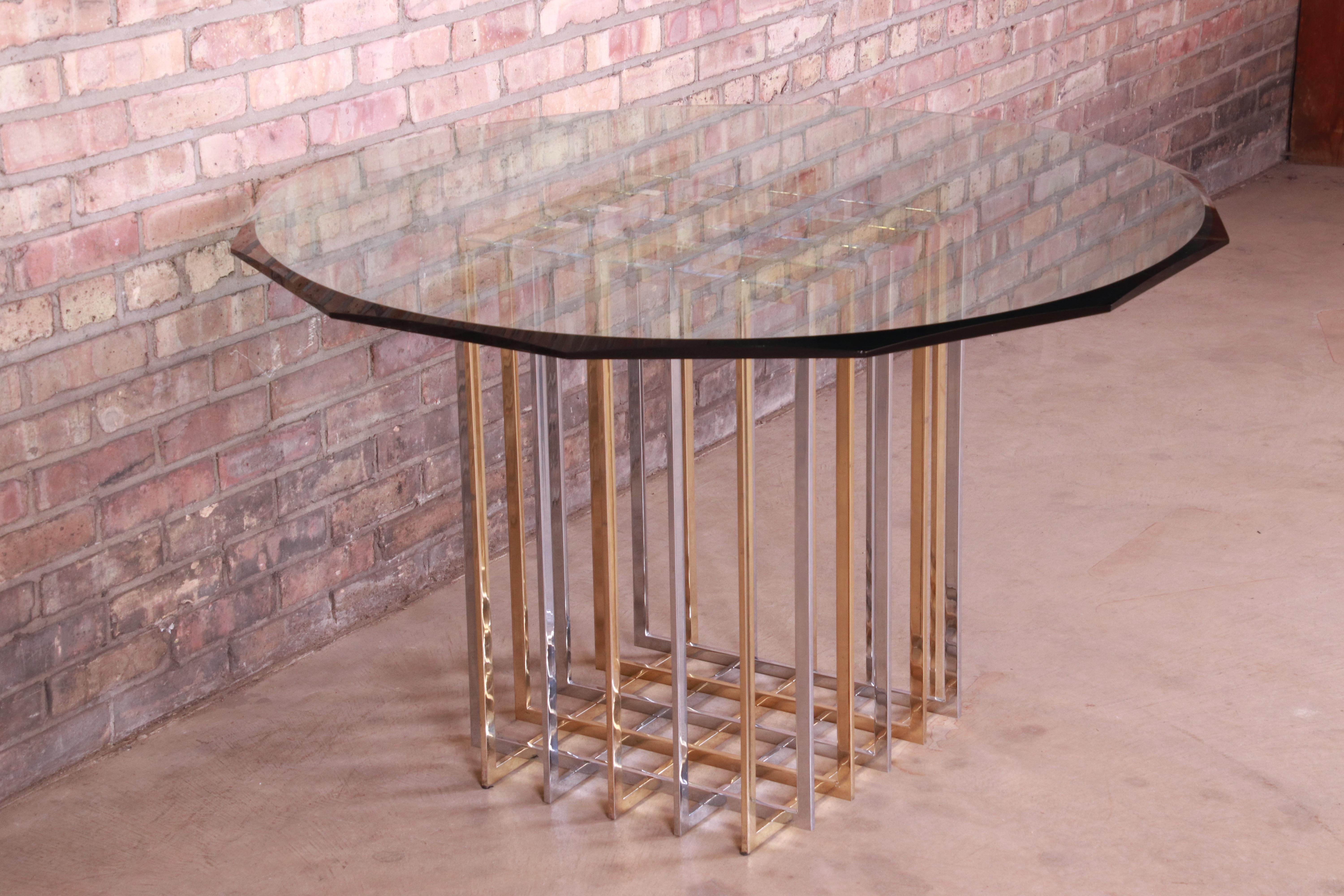 Beveled Pierre Cardin Hollywood Regency Dining Table in Brass, Nickel, and Glass, 1970s